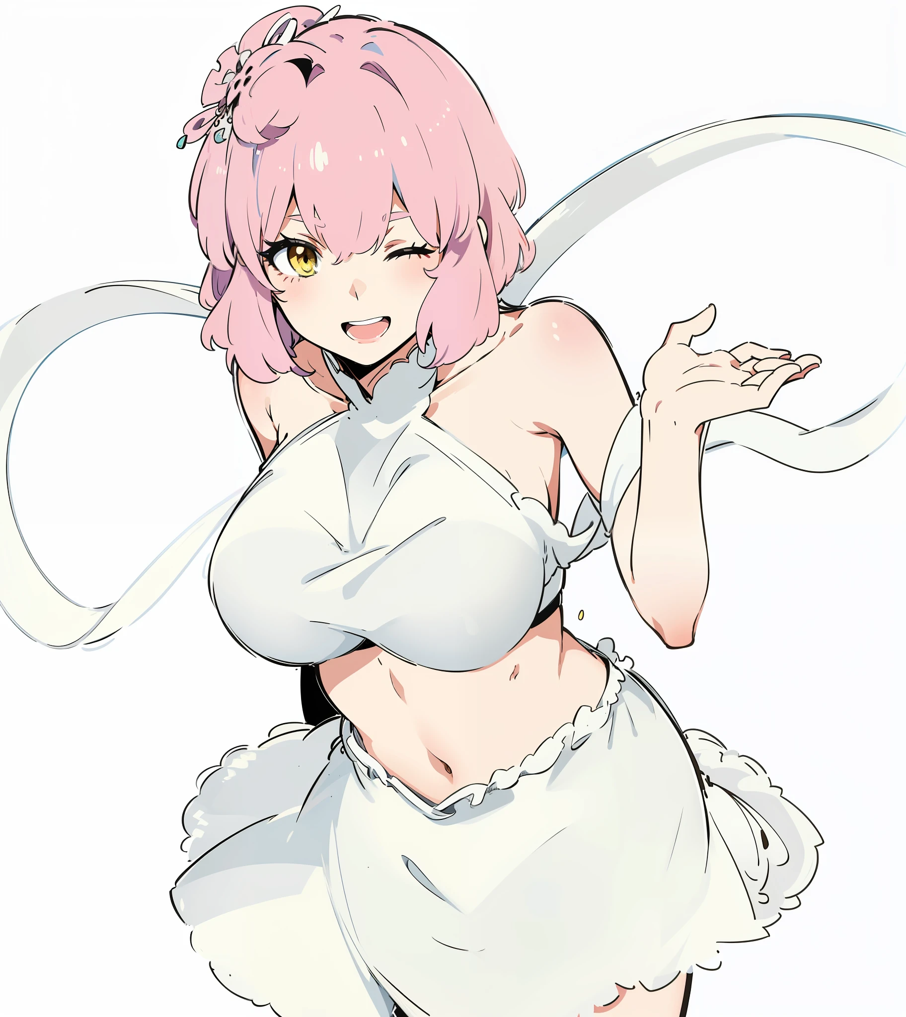 Gray-white costumes of ancient Persian dancers，Off-white dance dress，White tulle，white streamer, hair between eye, faeries, Medium breasts,nabel， Pink hair, Shawl, short detailed hair, Skirt, Smile, Yellow eyes,The costume does not have any lace