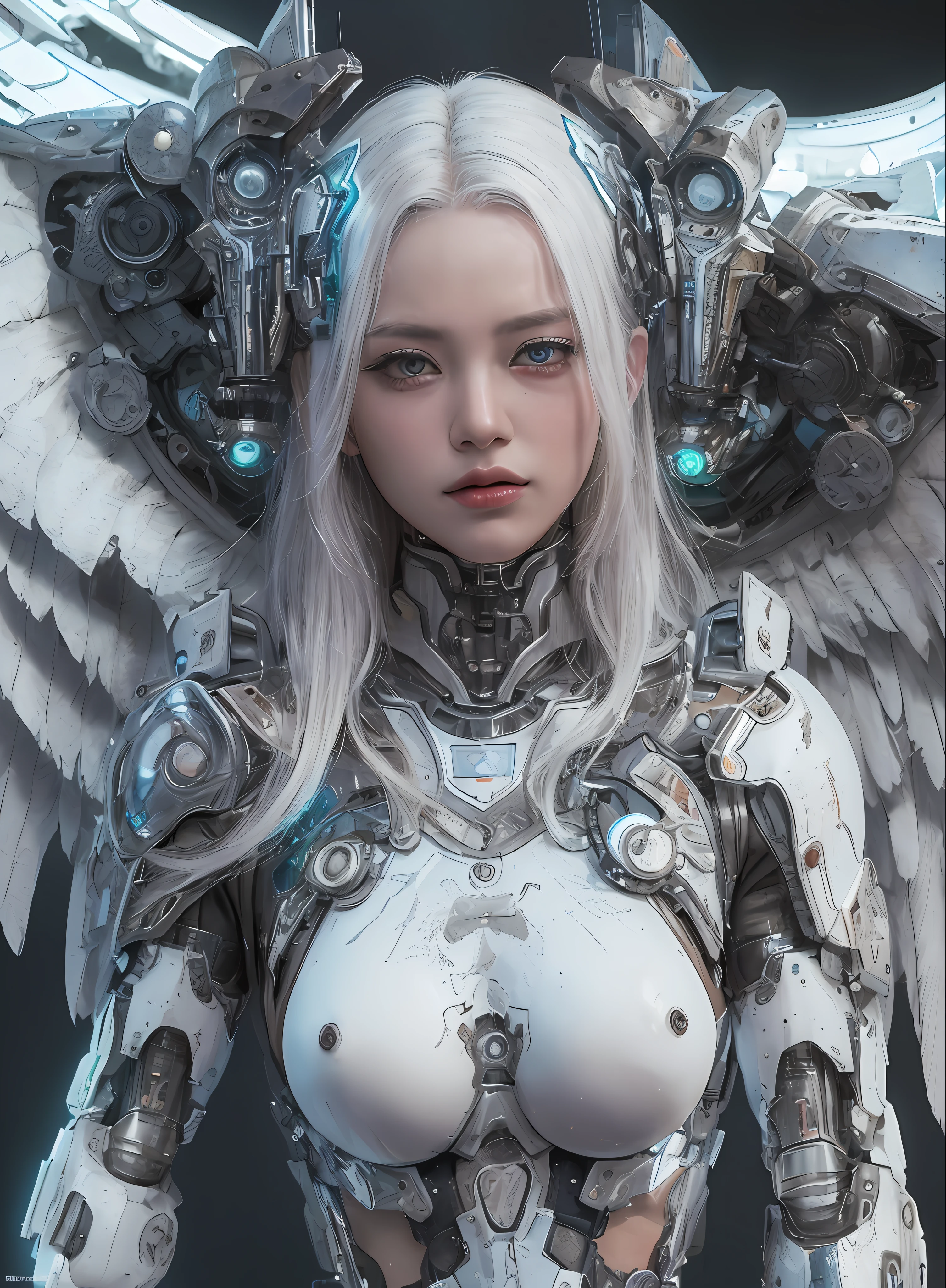 top-quality、masterpiece、超A high resolution、(Photorealsitic:1.4)、Raw photo、Cyborg Angel、large wings made of metal、White porcelain body、white hair、glowy skin、1 Cyborg Girl、((super realistic details))、portlate、globalillumination、Shadow、octan render、8K、ultrasharp、character edge light,Colossal tits、Raw skin is exposed in cleavage、Details of complex ornaments、Sumerian detailed hydraulic cylinders、Small LED lamp、highly intricate detail、Realistic light、a purple eye、radiant eyes、Facing the camera、neon details、cowboy shot、Futuristic headgear、About Cyberpunk、、