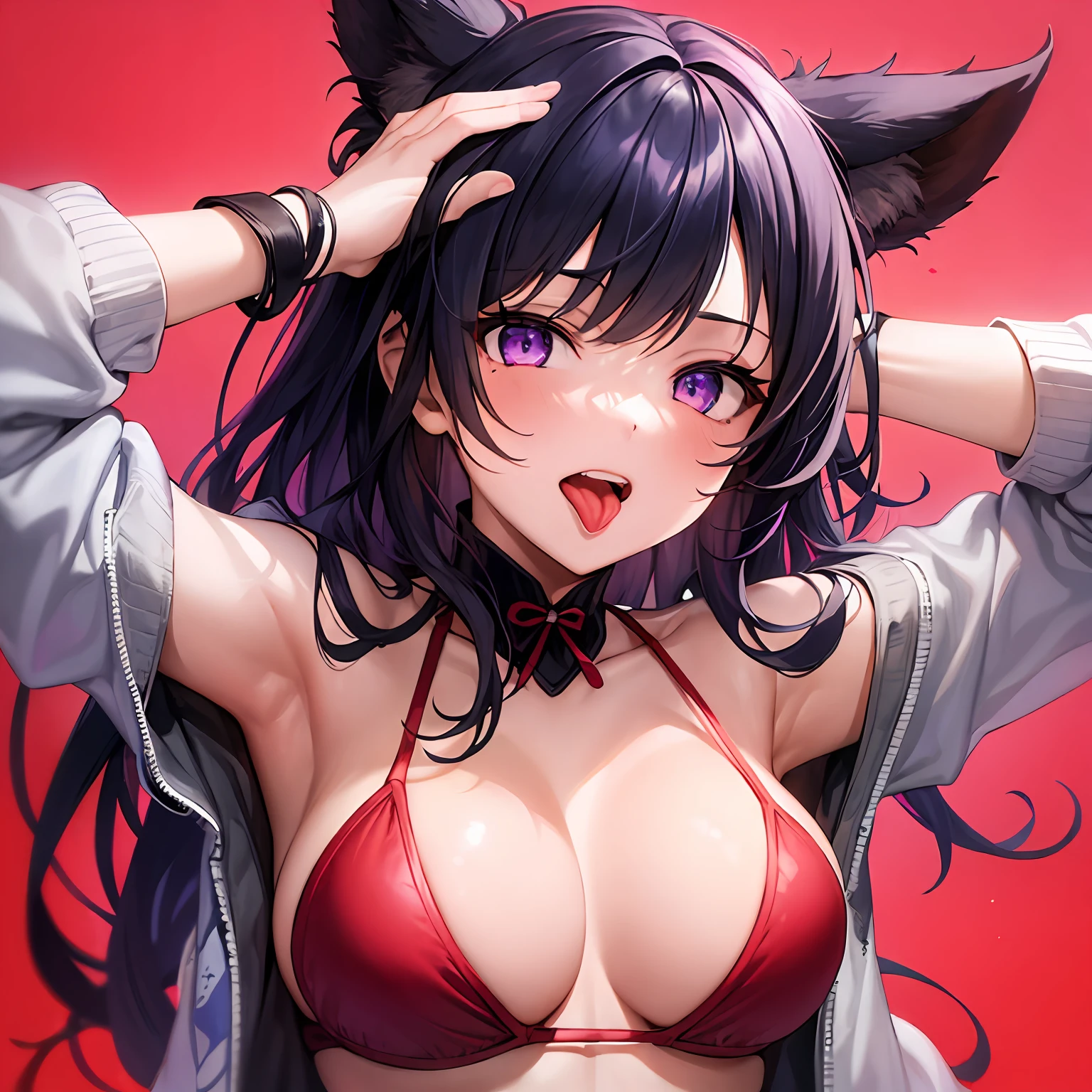 (((1girl))), hands up, long hair, tank-top, jacket, open shoulder, cowboy shot, bikini, medium breast, red background, open mouth, stick out her tongue out at viewers, red eyes, flushed, raiden shogun