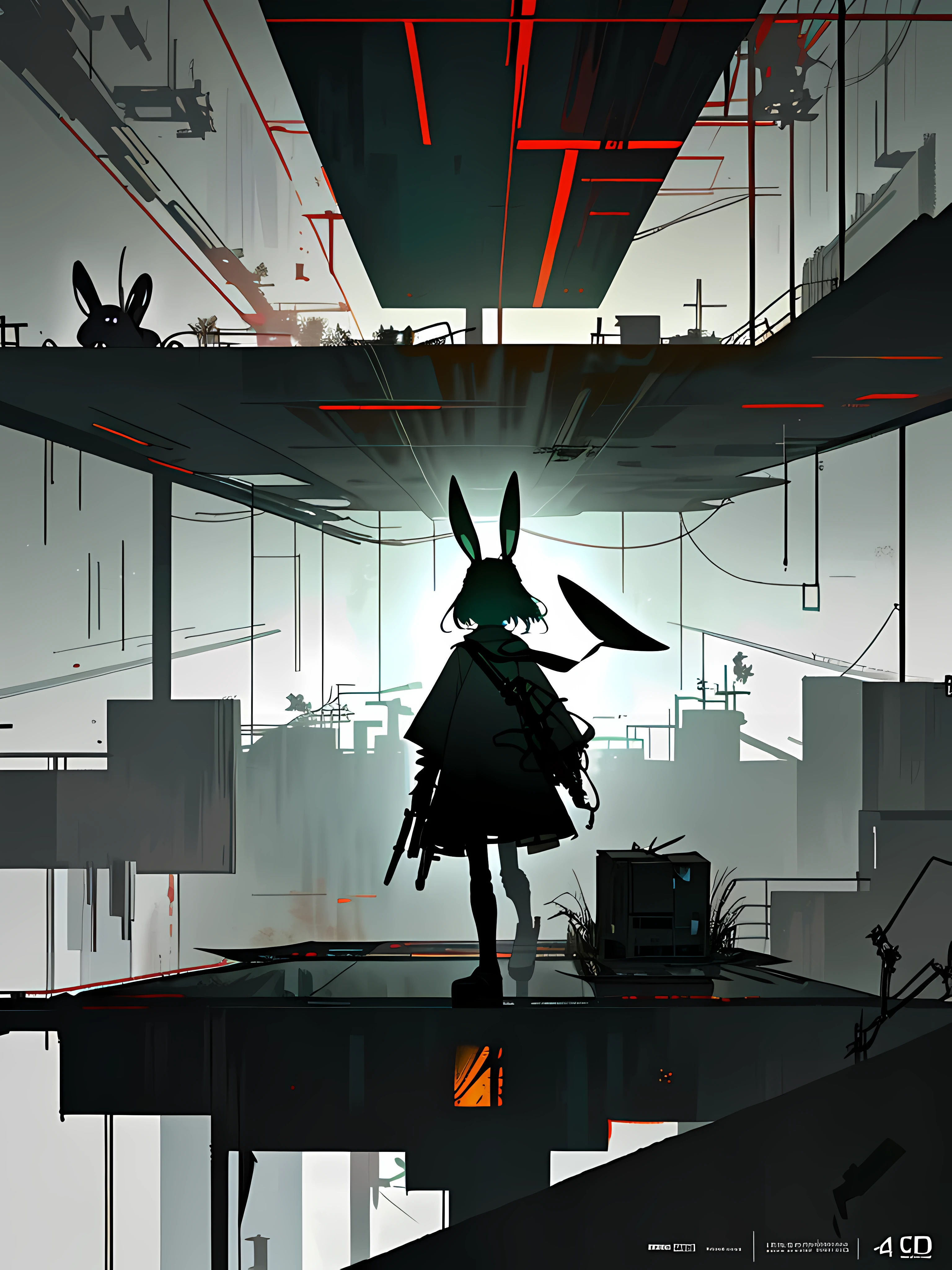 (blame! style abandoned tech landscape), (Zen, Amy Sol style), (underground, dark, foggy, perilous, abandoned dystopian apartment bedroom, deep windows), (abstract anthro rabbit figure wearing bunny ears), cover art with light abstraction, abstract, simple vector art, contemporary Cybernetic art, color gradients, soft color palettes, layered forms, whimsical animation, style Ethereal abstract, 4K, --v6