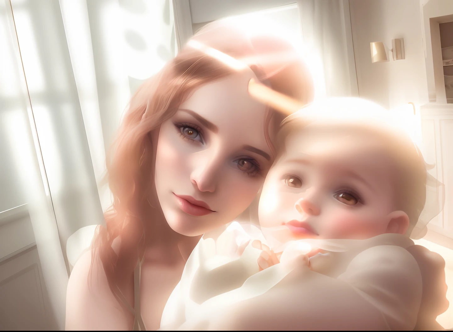Bella intima imagen de madre con su bebe con atmosfera difusa alto contraste de luces y sombras con mariposas doradas alrededor