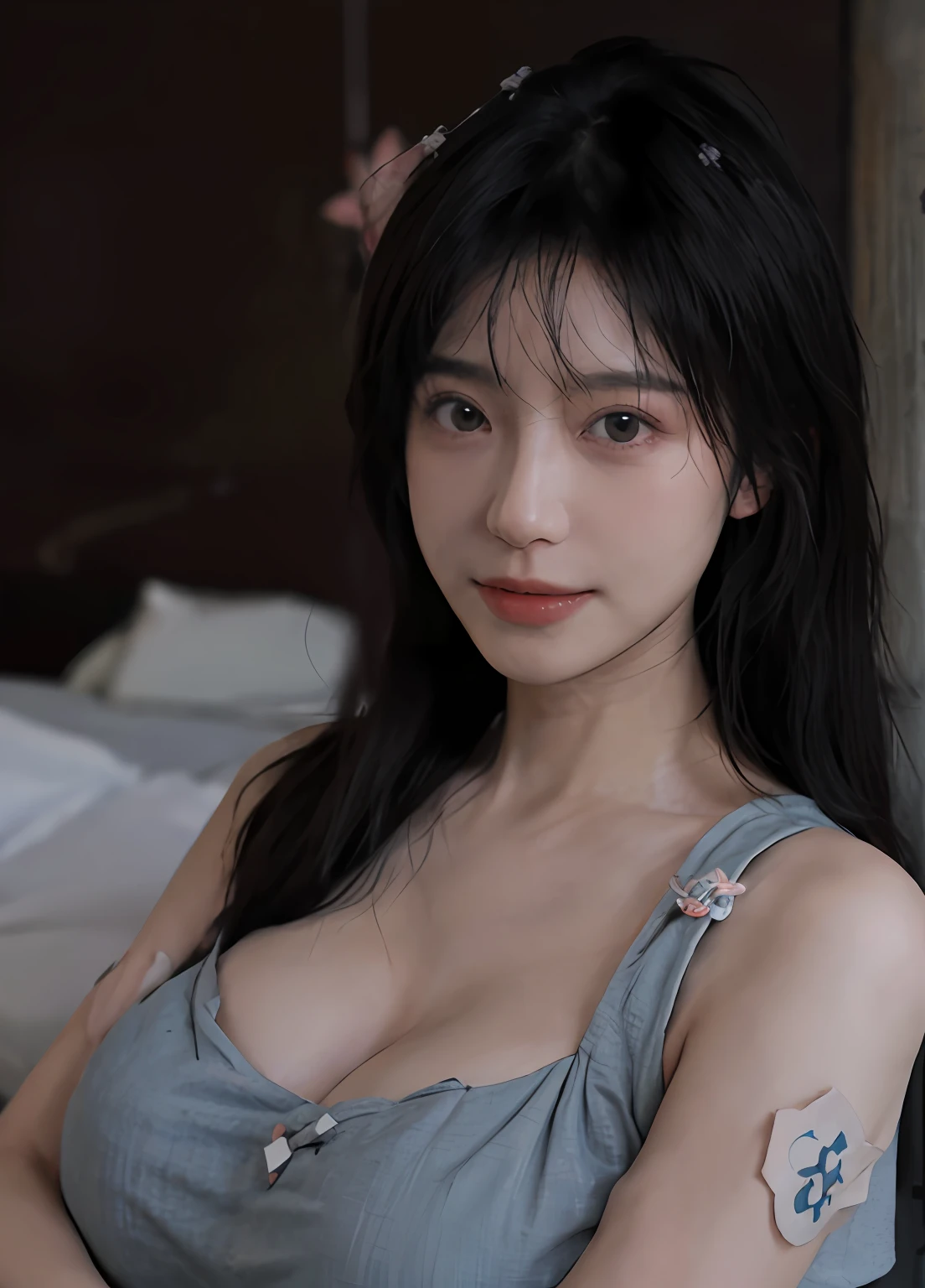 best qualtiy， 超高分辨率， （realisticlying：1.4）， one-girl， A pair of clear and moving peach blossom eyes,Royal Sister，（full bodyesbian：1.2）a sense of atmosphere，a beauty girl， ssmile，sea beach，（full bodyesbian：1.2） looking at viewert， closeup cleavage ，(Photorealistic:1.4),1girll,Sexy,(比基尼 ),(Black breast patch:1.5),(Big breasts:1.8),(Upper body:1.4),(Wet body),(:1.2)
