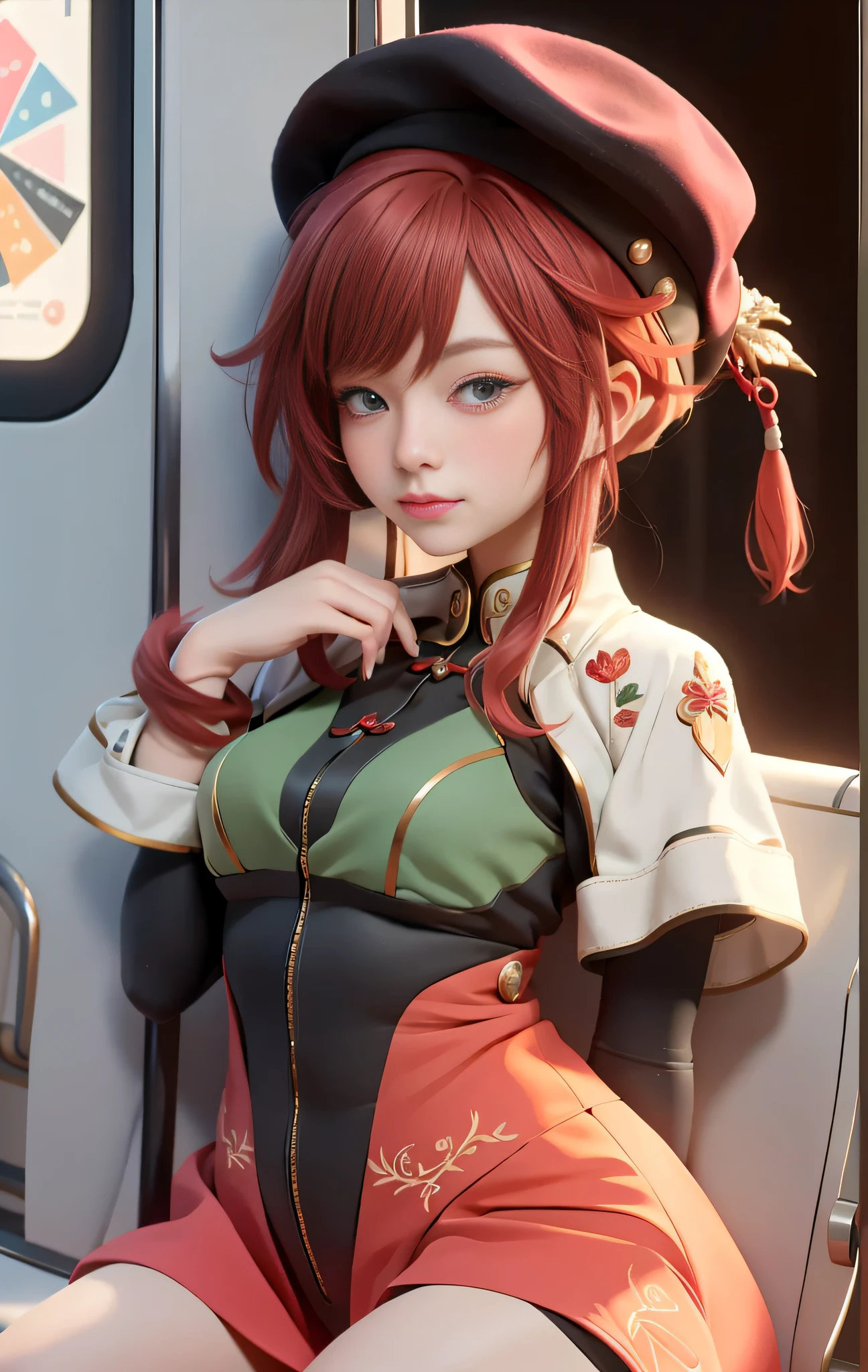 16k, RAW photo, Top quality, Masterpiece:boxing gloves（down view），16k, Top quality, Masterpiece:faust，Sit in a train crocodile leather seat，sitting in front，Red embroidered chicken crown gold inlaid hooves，head portrait，Head down and sleepy-eyed，looking at the viewer only"， best qualtiy， hyper HD， （realisticlying：1.4），， A high resolution， the detail， RAW photogr， Sharp Re，，dynamic angle，ultra - detailed，illustratio，closeup cleavage，Looking directly at，1girll，（（souryuu asuka langley，Interface headset，Pale orange tights：1.4，Rouge hair girl））（beret），Her eyes shone like dreamy stars，（Glowing eyes：1.233），（beautiful and detailed eye：1.1），（expressiveless，Keep your mouth shut），（standing on your feet），（Mechanical room with tools and spaceship windows in a white spaceship），（the night：1.2），Dream-like，[[Delicate fingers and hands：0.55]：：0.85]，（detail finger），