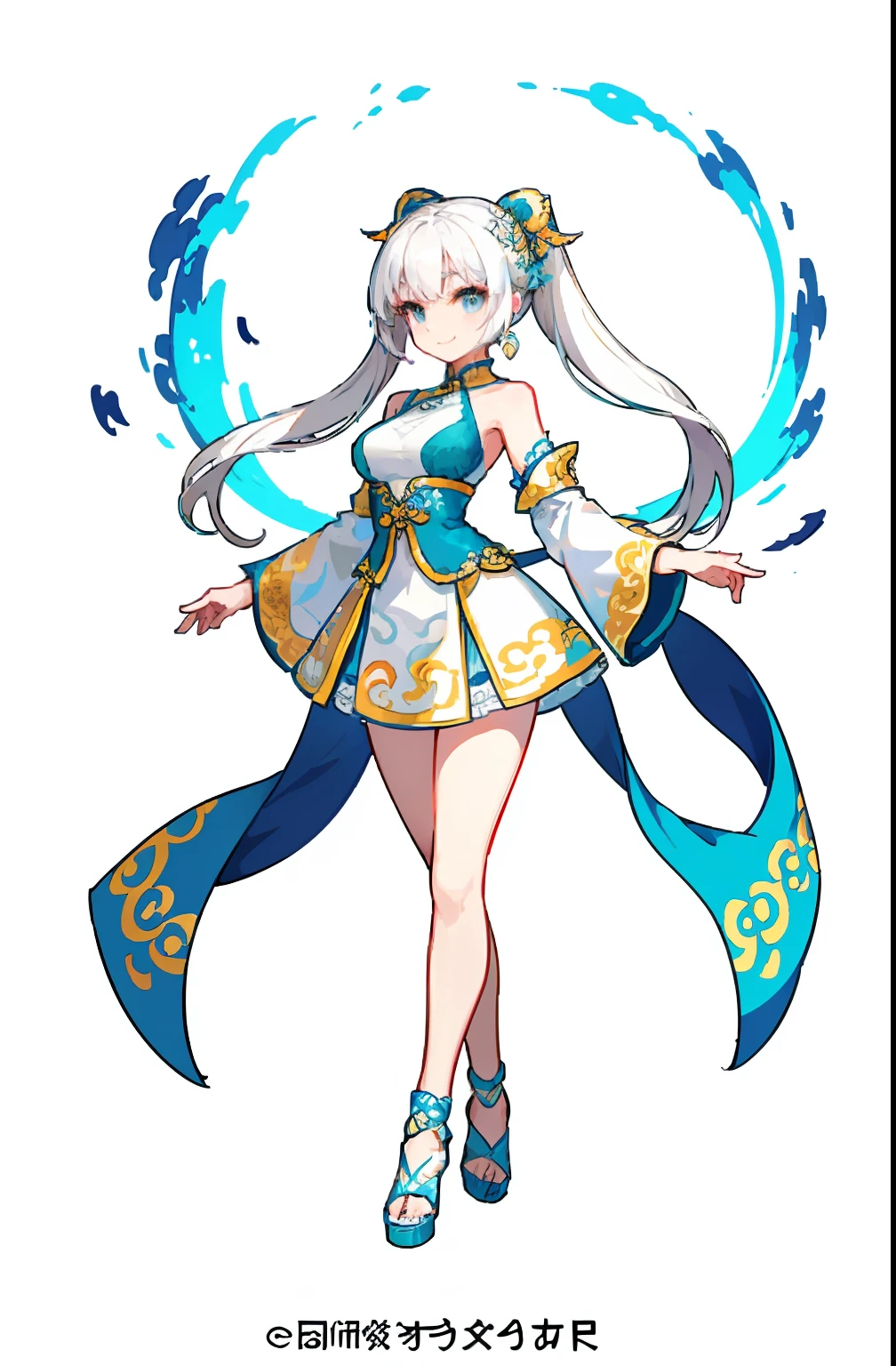 (offcial art:1.5,品质最佳,finedetail)full bodyesbian,Beautiful white girl,Chinese mythology style fantasy world costume,white skirt,Long, Flowing white hair,Very long ponytail,refined demeanor,light smile,Heroic,The body is graceful,beautifullegs,perfect bodies,Elegant and flowing。