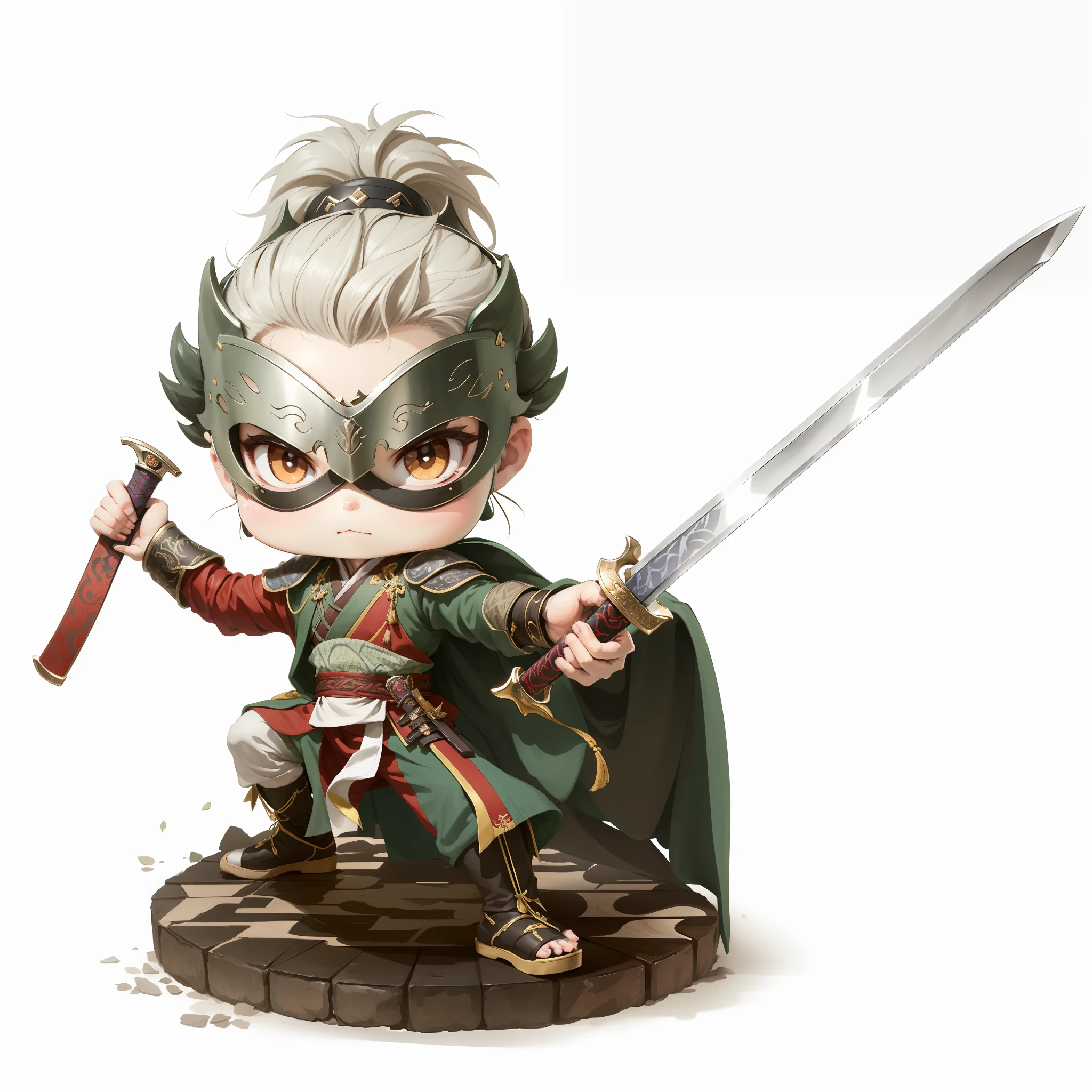 male people,Male characters,Chibi anime characters,The sword,sword sheath,China-style,Chinese-style clothing,Chinese shoes,There is a beautiful pattern on the scabbard,Refinement,Fine painting,Refinement,infinite details,high definition detail,Delicate belt,Belt accessories,Male characters,Blindfolds,sideface,swordsman,dark colored hair,Patterned,Pattern,Blank background,Bright colors,Metal edging