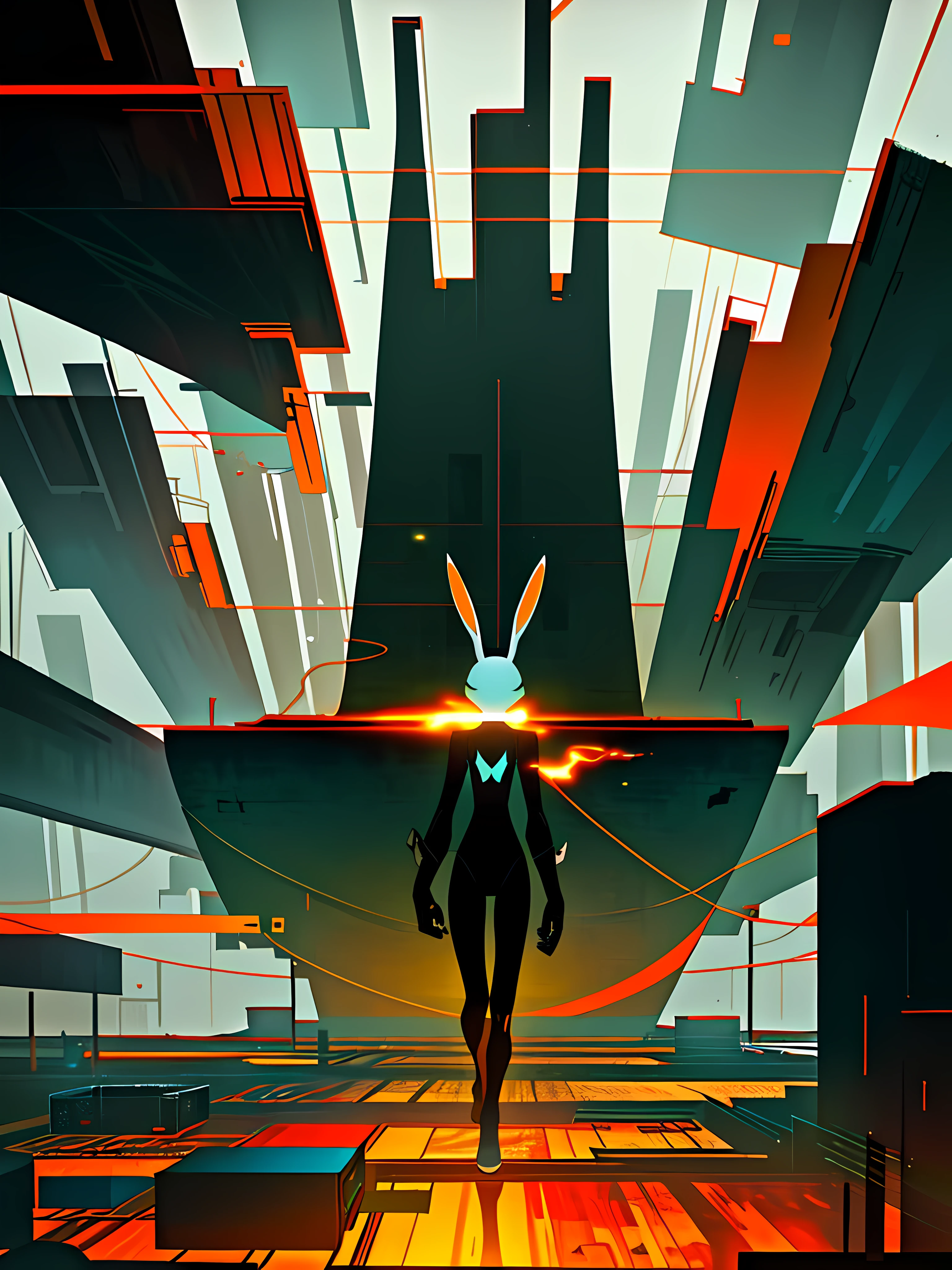 (blame! style abandoned tech landscape), (Zen, Amy Sol style), (underground, dark, foggy, perilous, abandoned dystopian apartment bedroom, deep windows), (abstract anthro rabbit figure wearing bunny ears), cover art with light abstraction, abstract, simple vector art, contemporary Cybernetic art, color gradients, soft color palettes, layered forms, whimsical animation, style Ethereal abstract, 4K, --v6