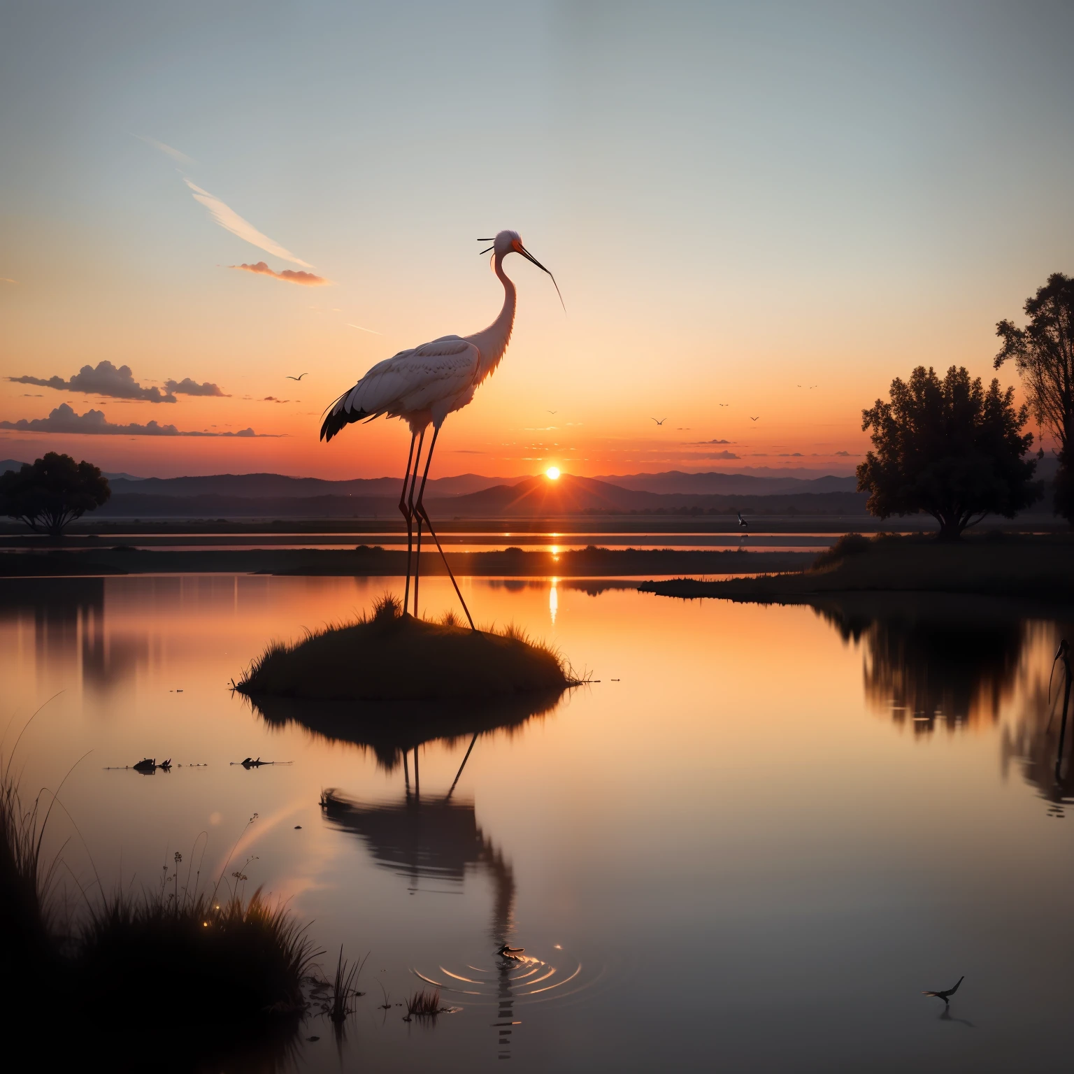 The sunset and the solitary crane fly together