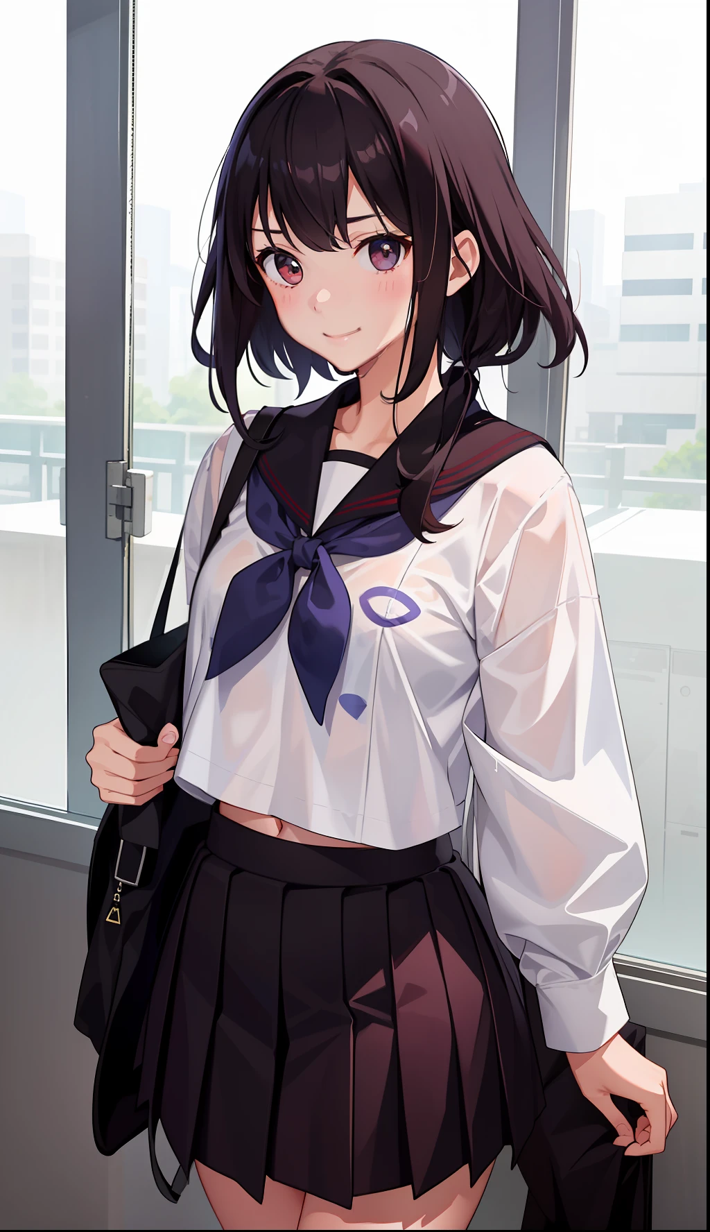 1girl in、A smile、The shirt、skirt by the、(small tits)Chilarism、Japan High School Student Uniform、serafuku、summer clothing、Squall Drenched Uniform、(Sheer bra)、Upper body portrait、