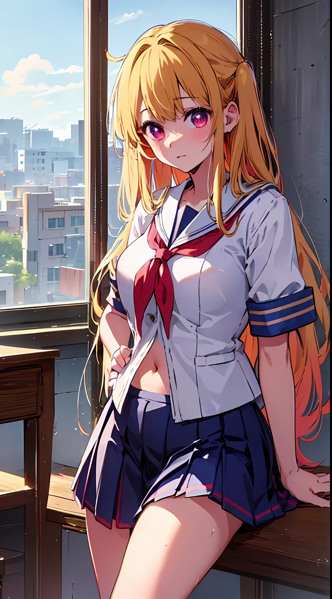 The main girl is beautiful and cute, traditional uniform, neat and clean coordination, "neat and bright uniform coordination", full body, full body illustration, best illustration, realistic and elaborate uniform, high school uniform, elementary school student, ((highest quality)), ((masterpiece)), (detail: 1.4), anatomical, award-winning concept art, beautiful, fine details, portrait, look viewer, (full body display)), 1 girl, full body, solo, 6 years old, elementary school student, child actor, golden hair, blonde, semi-long hair, red and pink eyes, big eyes, the pupil of the left eye is star-shaped, characteristic left eye pupil, left eye pupil clear, left eye pupil detailed, cute underwear, panties, long skirt, silk material panties, wet shirt, wet clothes, skirt lift, blush, classroom, navel out, clothes lift, simple background, lifting clothes, white shirt, uniform, blazer, Japan cute uniform, look away, short sleeves, loli, elementary school, main girl beautiful and cute, loli, baby face, cute, young, young, young, young appearance, fantastic visual depiction, professional effect, beautiful girl, petite girl, sweaty transparent clothes, uneven, absurd, uneven, As for uniforms, along with the girls' school, it is the oldest girls' school Japan based on Christianity, "very cute with traditional uniforms", "very cute sailor uniforms for both summer and winter clothes", heel-up loafers, golden hair, traditional uniforms, neat and clean coordination, "In line with our school's educational policy of aiming to "nurture independent women", the uniform expresses the beauty of intelligent and dignified women. I'm proud of the school", the main girl is beautiful and cute