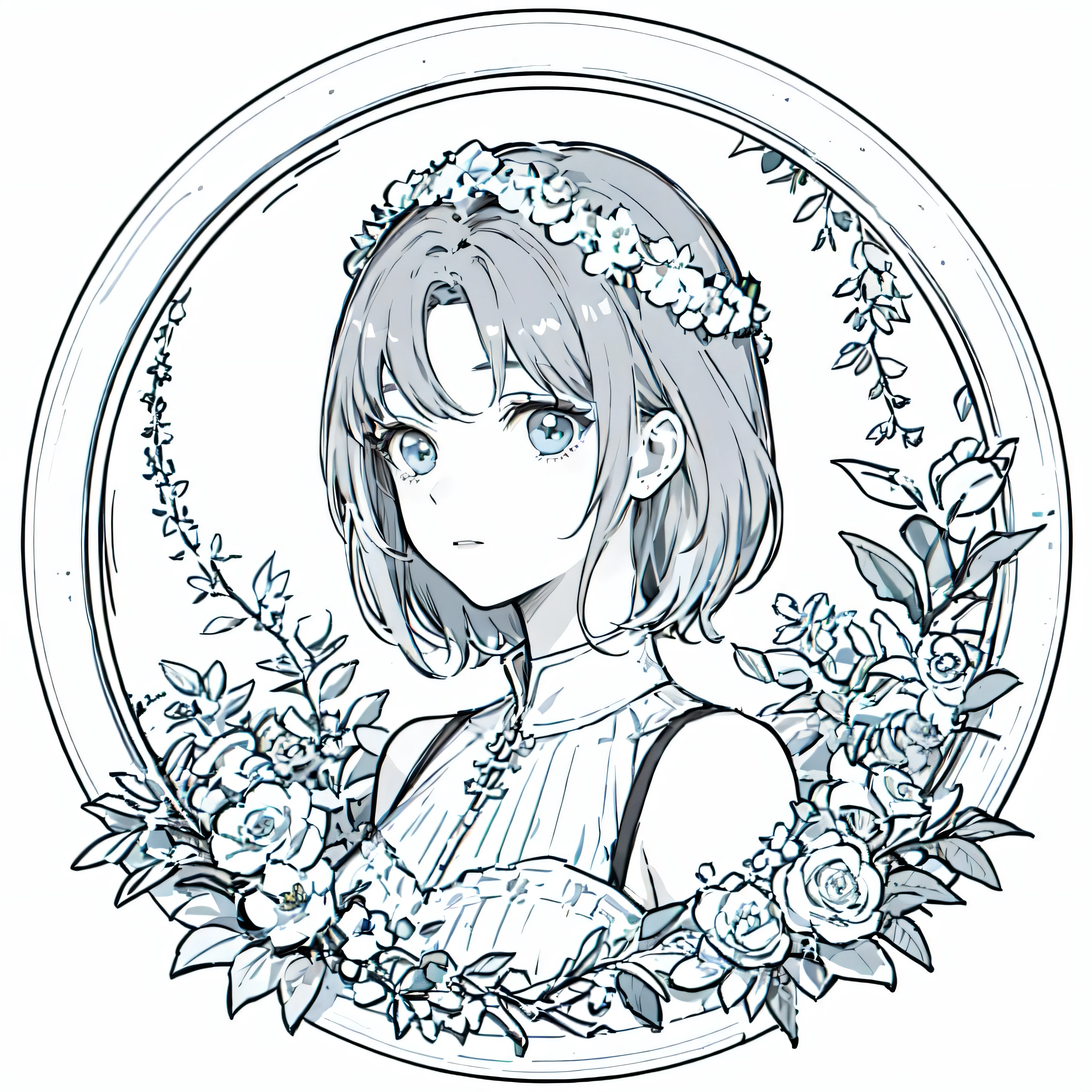 ((best quality)), ((masterpiece)), ((ultra-detailed)), (illustration), (detailed light), (an extremely delicate and beautiful), a girl, cute face,plant house,glass [(white background:1.5),::5],simple background, wreath, (round floral framed:1.5),cropped shoulder, upper body,