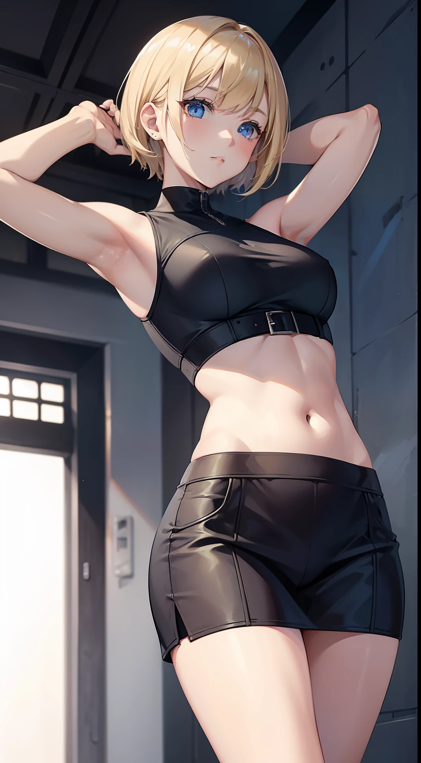young girl, short blonde hair, blue eyes, Special Agent's Clothing, open belly, Sleeveless, handgun, Masterpiece, hiquality