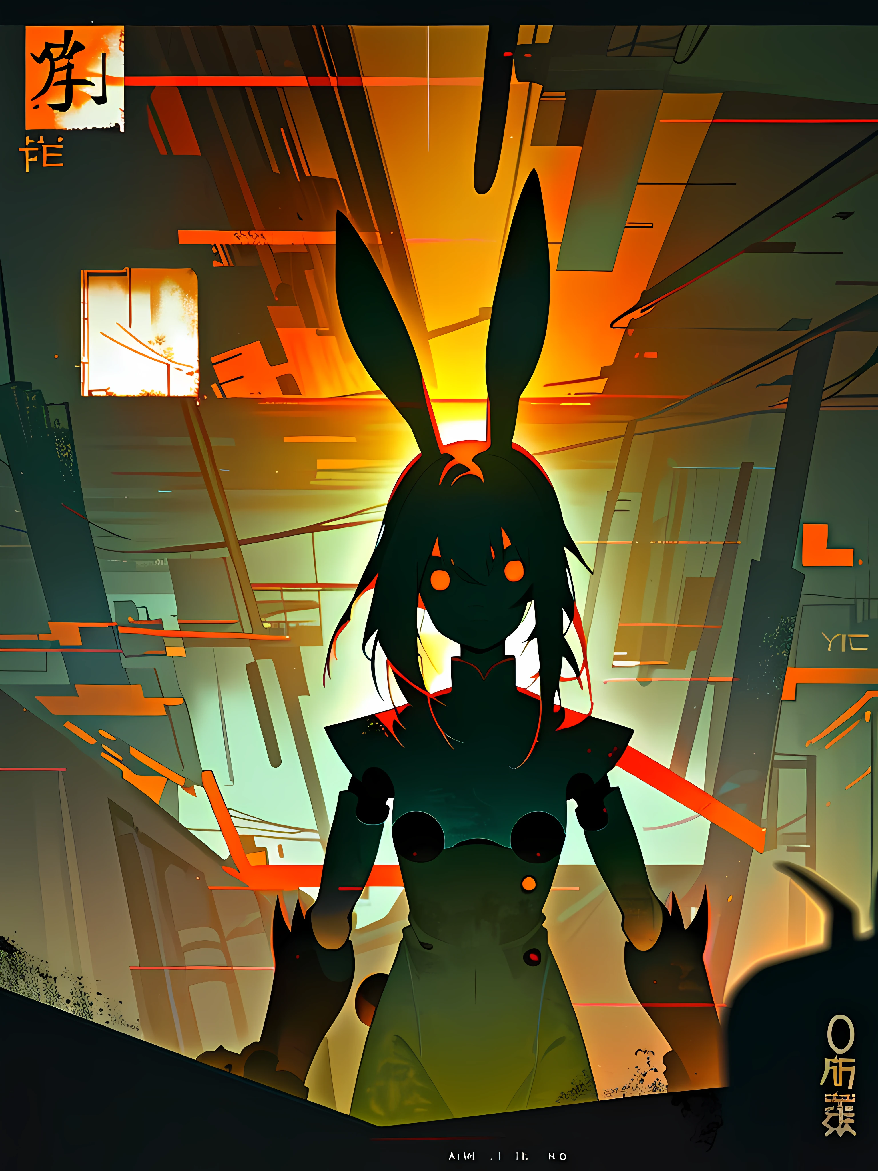 (blame! style abandoned tech landscape), (Zen, Amy Sol style), (underground, dark, foggy, perilous, abandoned dystopian apartment bedroom, deep windows), (abstract anthro rabbit figure wearing bunny ears), cover art with light abstraction, abstract, simple vector art, contemporary Cybernetic art, color gradients, soft color palettes, layered forms, whimsical animation, style Ethereal abstract, 4K, --v6