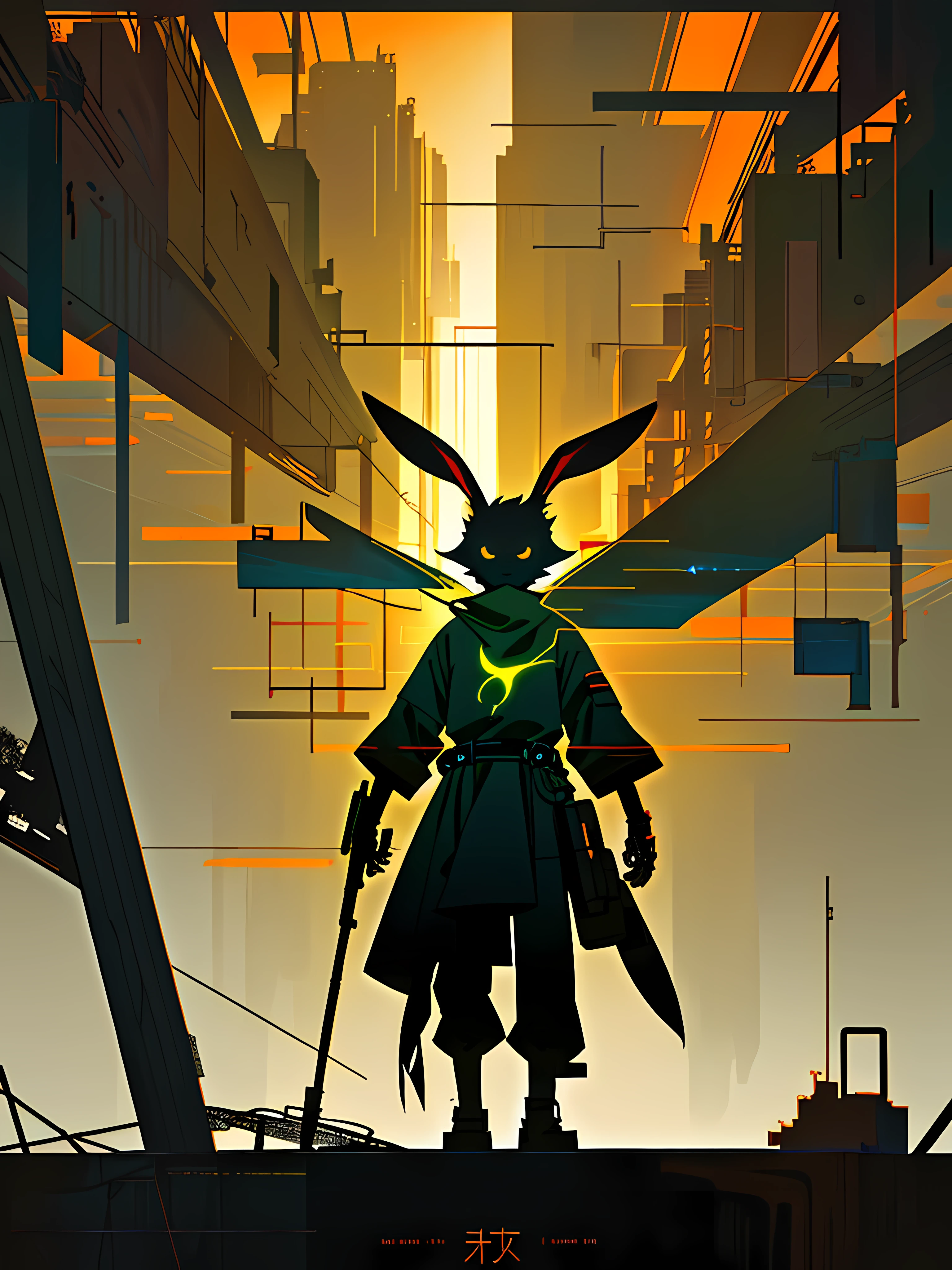 (blame! style abandoned tech landscape), (Zen, Amy Sol style), (underground, dark, foggy, perilous, abandoned dystopian apartment bedroom, deep windows), (abstract anthro rabbit figure wearing bunny ears), cover art with light abstraction, abstract, simple vector art, contemporary Cybernetic art, color gradients, soft color palettes, layered forms, whimsical animation, style Ethereal abstract, 4K, --v6