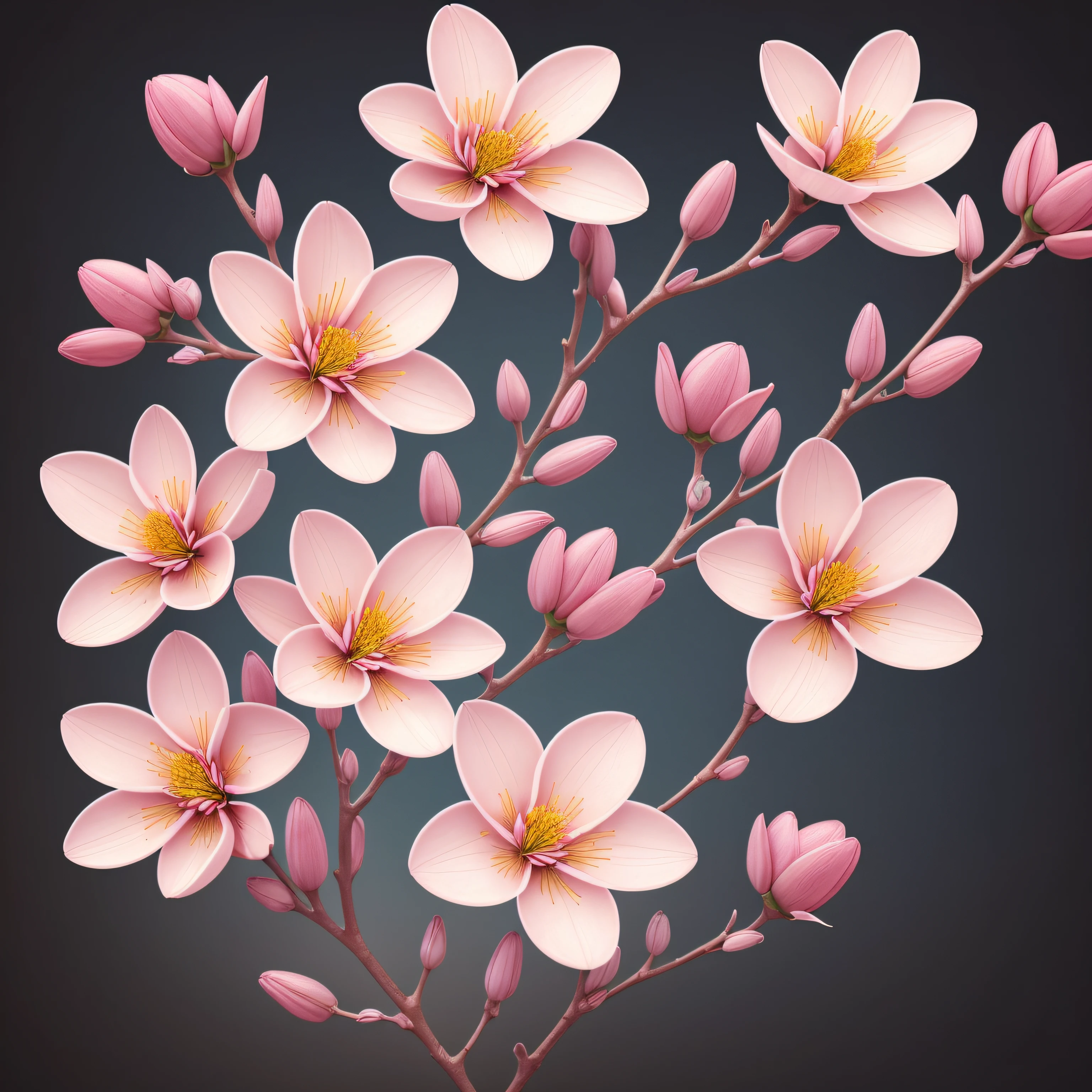 there is a close up of a bunch of flowers on a branch, paul barson, flower blossoms, beautiful digital artwork, beautiful digital art, flowers and blossoms, surreal waiizi flowers, beautiful flowers, blooming flowers, flowers with intricate detail, incredibly beautiful, beautiful art, beautiful composition 3 - d 4 k, gorgeous digital art, sakura flowers