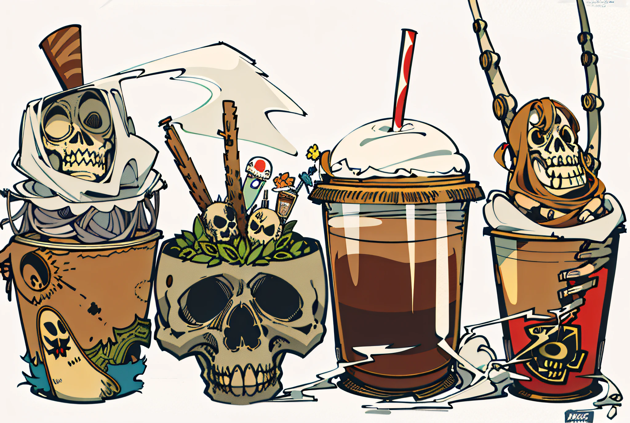 There are many different drinks，There are skeletons and skeletons on it, faces of too much caffeine, Zombie drinking coffee sign, The Cup of Death, Zombie coffee logo, cartoon brew, full color digital illustration, Commercial illustration, All skeletons, full-colour illustration, Highly detailed illustration, drinks, colorful illustrations, Highly detailed illustration.”, high detail illustration, lowbrow art style