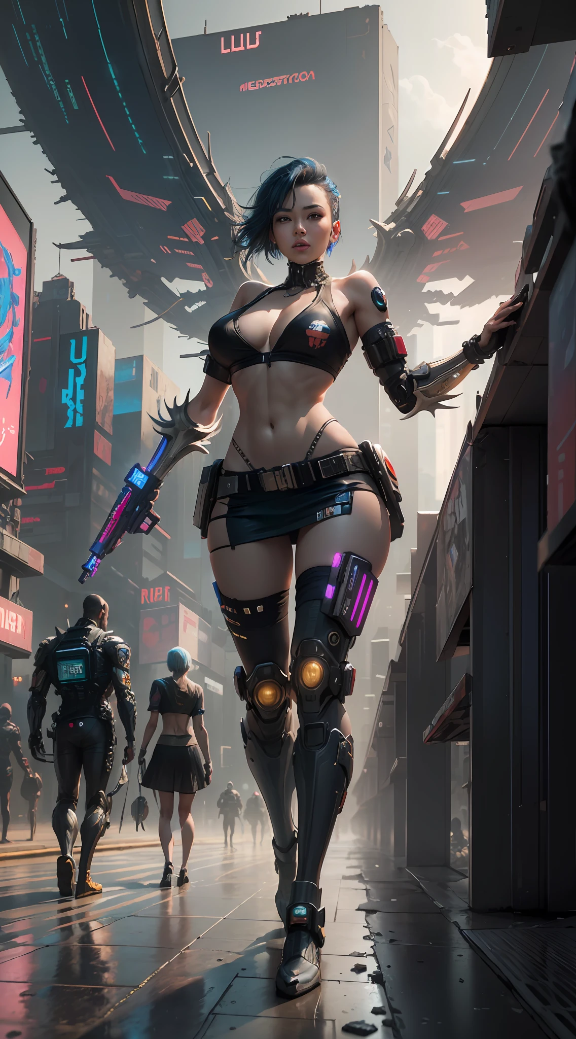 ((Best quality)), ((masterpiece)), (highly detailed:1.3), 3D, beautiful, (cyberpunk:1.6), in space, nebulous, (holding_weapon:1.3), laser, (1Female mecha:1.3), sexy bulky body, facing the audience, clear bright eyes, full body, (flying, descending, dynamic, motion blur: 1.4), (huge wings of mechs: 1.6), looking up, glowing_eyes, mecha, panorama, background is earth, nebula,  Space, Particles, Reality, HDR (High Dynamic Range), Ray Tracing, NVIDIA RTX, Super Resolution, Unreal 5, Subsurface Scattering, PBR Textures, Post-Processing, Anisotropic Filtering, Depth of Field, Maximum Clarity and Clarity, Multilayer Textures, Albedo and Specular Maps, Surface Shading, Accurate Simulation of Light-Material Interaction, Perfect Proportions, Octane Render, Two-Tone Lighting, Large Aperture, Low ISO, White Balance,  rule of thirds, 8K RAW, efficient sub-pixel, sub-pixel volume product, (best quality), (Japanese: 0.5), (Korean: 0.8), (Liu Yi Fei: 1.5) short blue hair, (big chest: 1.2), (underboob: 1.5), (pink transparent lace mini skirt: 1.5)