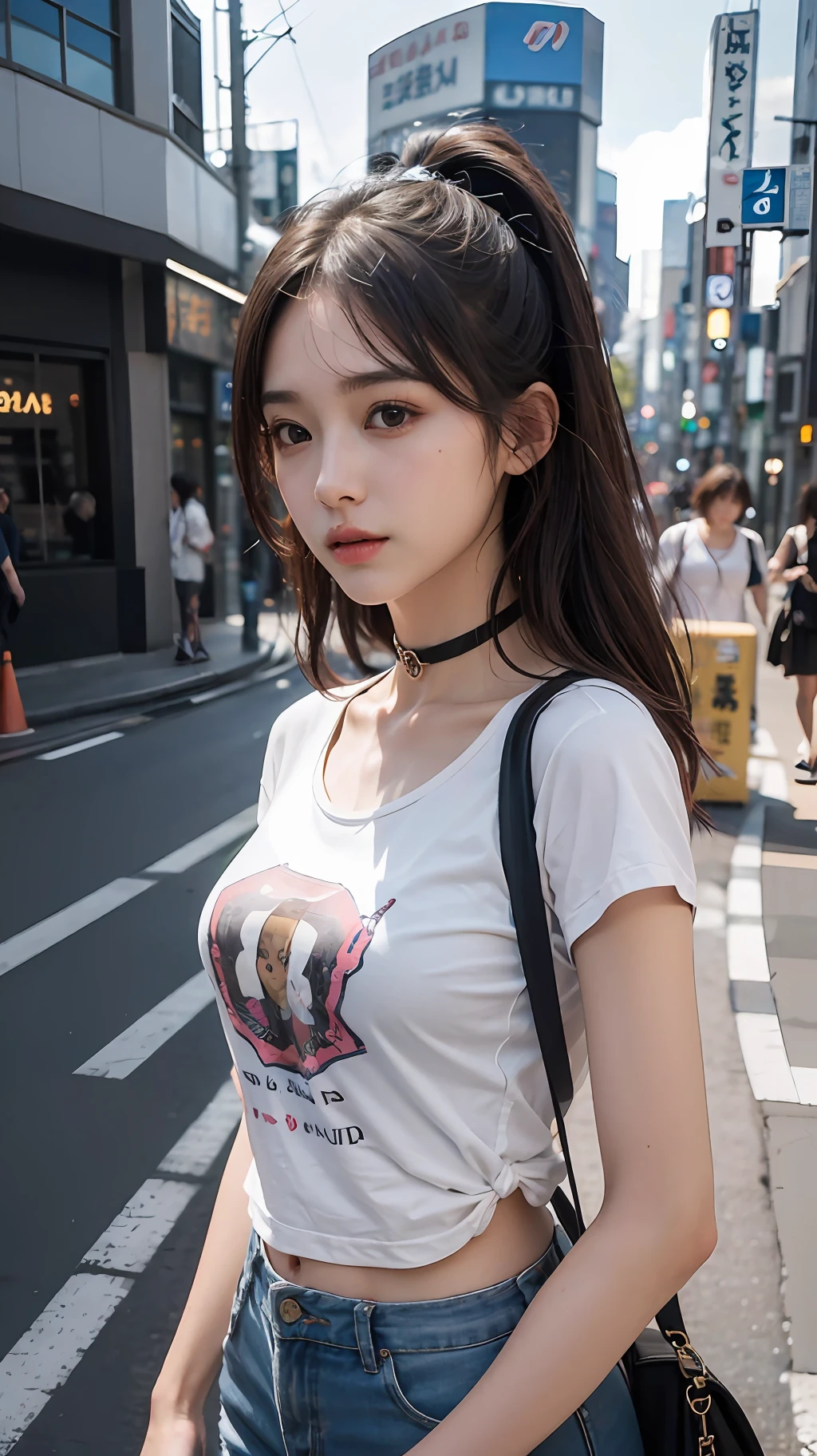 best quality detail:1.2, hentail realism, 8K UHD, A high resolution, 1girl in:1.2, The ultra-detailliert, High quality textures, intricately details, detaileds, Very detailed CG, High quality shadows, Detail Beautiful delicate face, Detail Beautiful delicate eyes, depth of fields, Ray traching, in her 20s, Beautiful pop girl, Korean Urzan face:1.1, Slender face, ulzang-6500-v1.1:0.6, PureErosFace_V1, glowing light eyes, teak, Glossy lips, perfect bodies, choker necklace、nedium breasts、 Brown hair、poneyTail:1.1, street, Particle, view the viewer, Photorealsitic:1.4, ultra - detailed, Photos realistic, 4K 8K Ultra HD full-color RAW photos, Fuji Film(Medium format:1.2), hasselblatt:1.2, Carl Zeiss:1.1, Incredible dynamic range photography(util_The art of Smus-768:1.1), A high resolution, high pixel count, Clear details, Sharp Images, Natural color reproduction, denoised, High fidelity, quality, Software improvements, upscaled, Optimization algorithm, Professional-grade grooming、((Shibuya, tokyo prefecture))、On the way to shopping、((Fashion clothes with a very high design))、Graphic T-shirt: Art and logos、Graphic t-shirts printed with anime characters are trending.、For unique styling