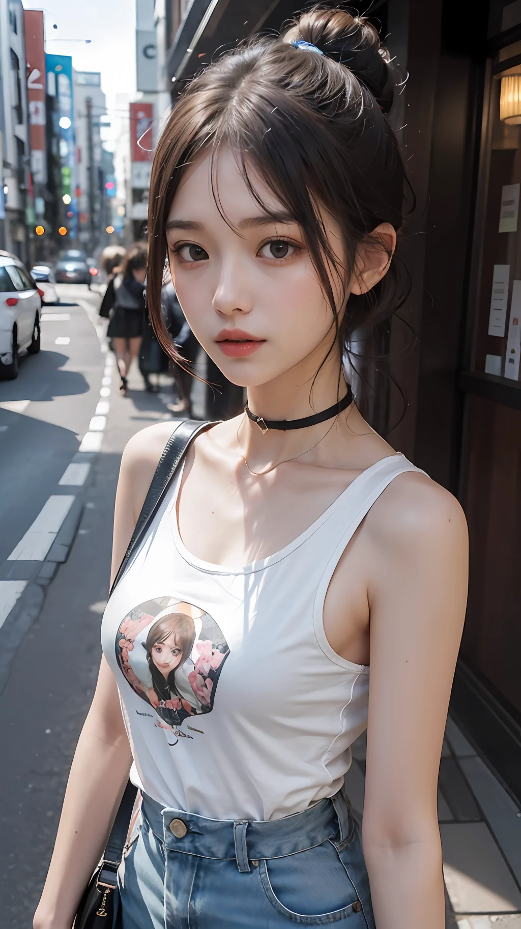 best quality detail:1.2, hentail realism, 8K  UHD, A high resolution, 1girl in:1.2, The ultra-detailliert, High quality textures, intricately details, detaileds, Very detailed CG, High quality shadows, Detail Beautiful delicate face, Detail Beautiful delicate eyes, depth of fields, Ray traching, in her 20s, Beautiful pop girl, Korean Urzan face:1.1, Slender face, ulzang-6500-v1.1:0.6, PureErosFace_V1, glowing light eyes, teak, Glossy lips, perfect bodies, choker necklace、nedium breasts、 Brown hair、poneyTail:1.1, street, Particle, view the viewer, Photorealsitic:1.4, ultra - detailed, Photos realistic, 4K 8K Ultra HD full-color RAW photos, Fuji Film(Medium format:1.2), hasselblatt:1.2, Carl Zeiss:1.1, Incredible dynamic range photography(util_The art of Smus-768:1.1), A high resolution, high pixel count, Clear details, Sharp Images, Natural color reproduction, denoised, High fidelity, quality, Software improvements, upscaled, Optimization algorithm, Professional-grade grooming、((Shibuya, tokyo prefecture))、On the way to shopping、((Fashion clothes with a very high design))、Graphic T-shirt: Art and logos、Graphic t-shirts printed with anime characters are trending.、For unique styling