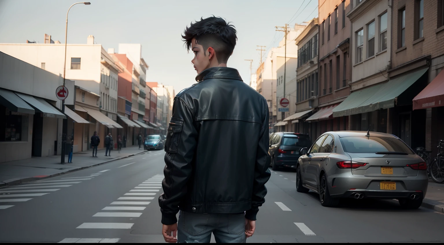 A boy，Back Shadow，Medium build，jaket，denim pant，Look down at your hands, expression surprised, The force is incomparable，street in the background, Stand next to a car
