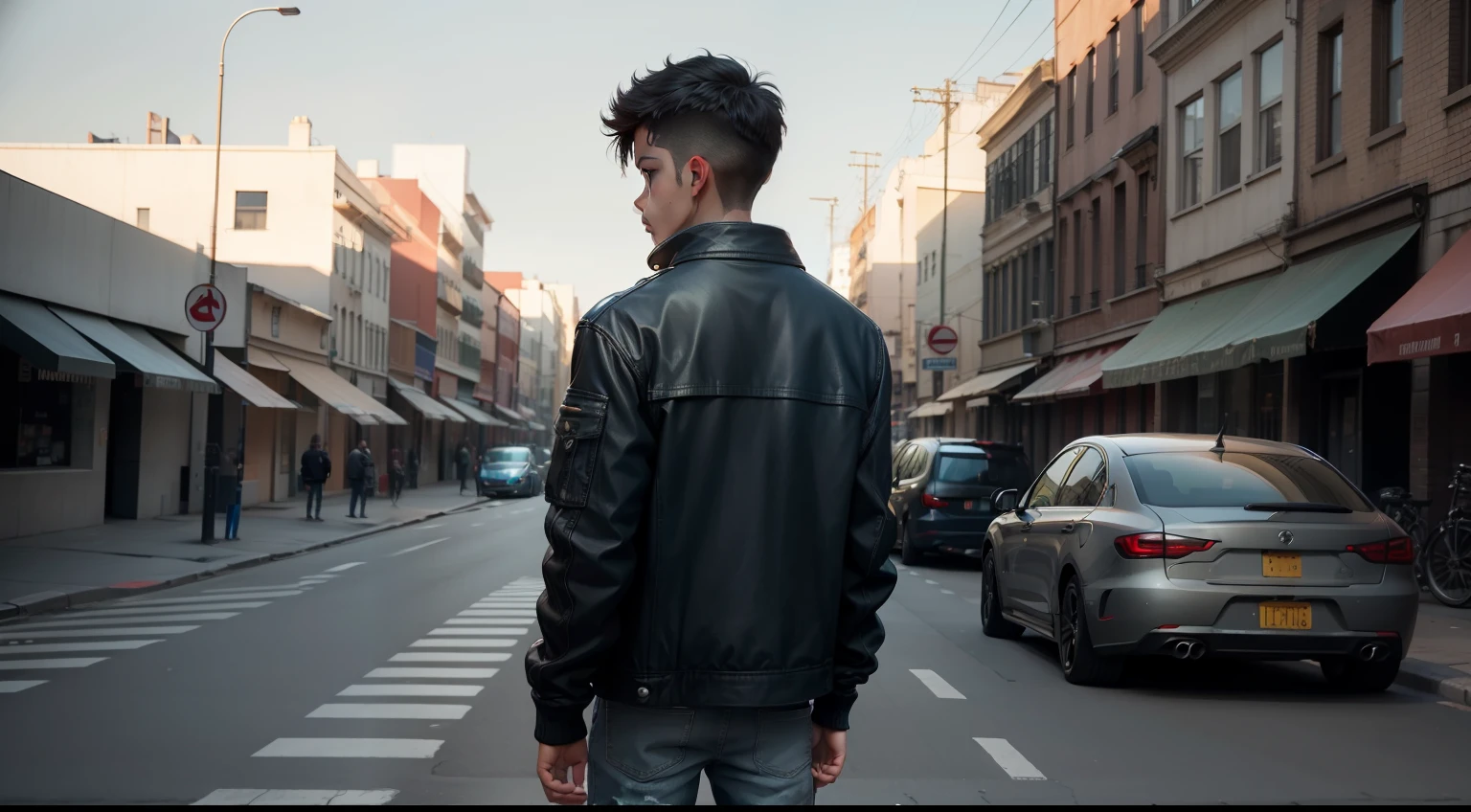 A boy,Back Shadow,Medium build,jaket,denim pant,Look down at your hands, expression surprised, The force is incomparable,street in the background, Stand next to a car