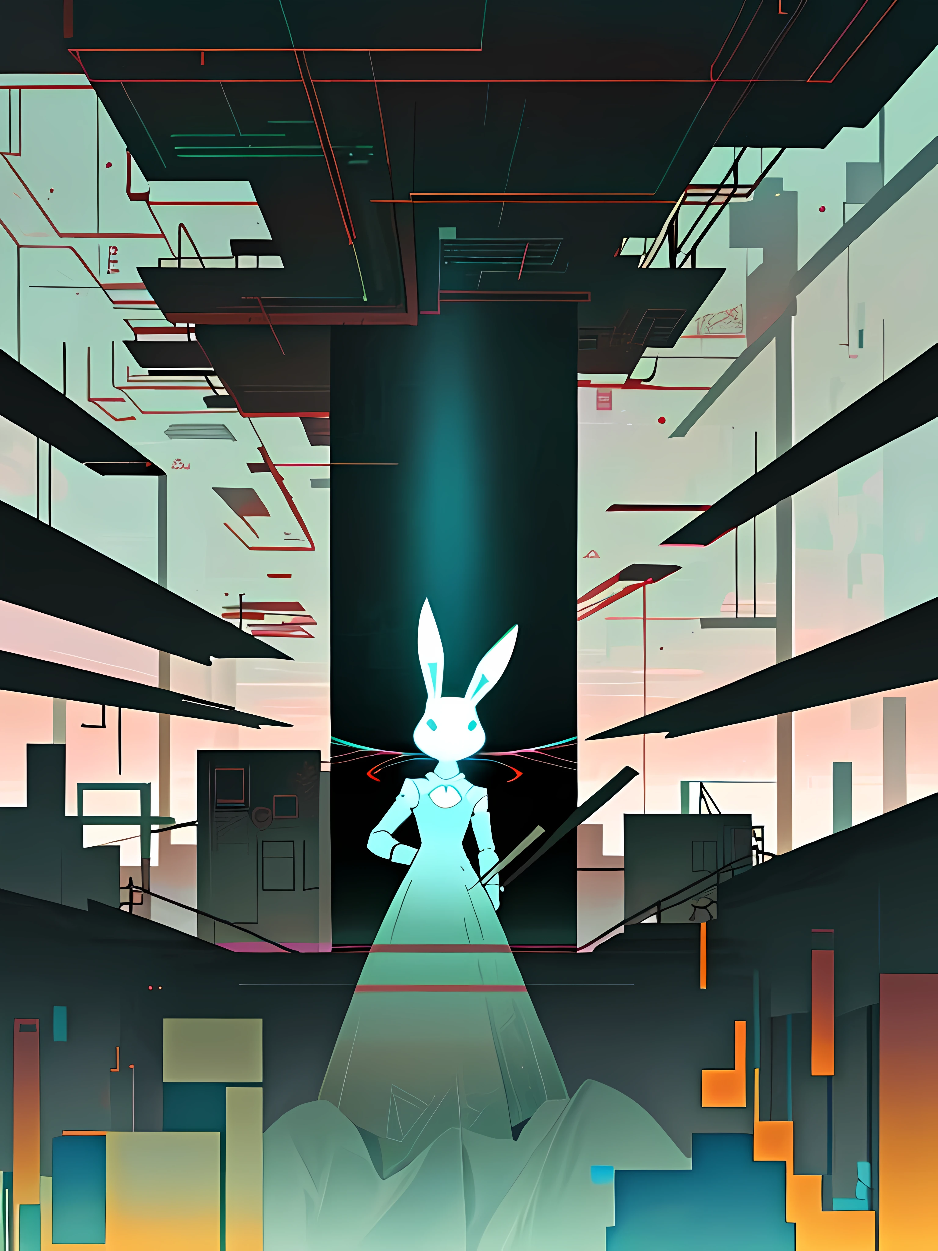 (blame! style abandoned tech landscape), (Zen, Amy Sol style), (underground, dark, foggy, perilous, abandoned dystopian apartment bedroom, deep windows), (abstract anthro rabbit figure wearing bunny ears), cover art with light abstraction, abstract, simple vector art, contemporary Cybernetic art, color gradients, soft color palettes, layered forms, whimsical animation, style Ethereal abstract, 4K, --v6