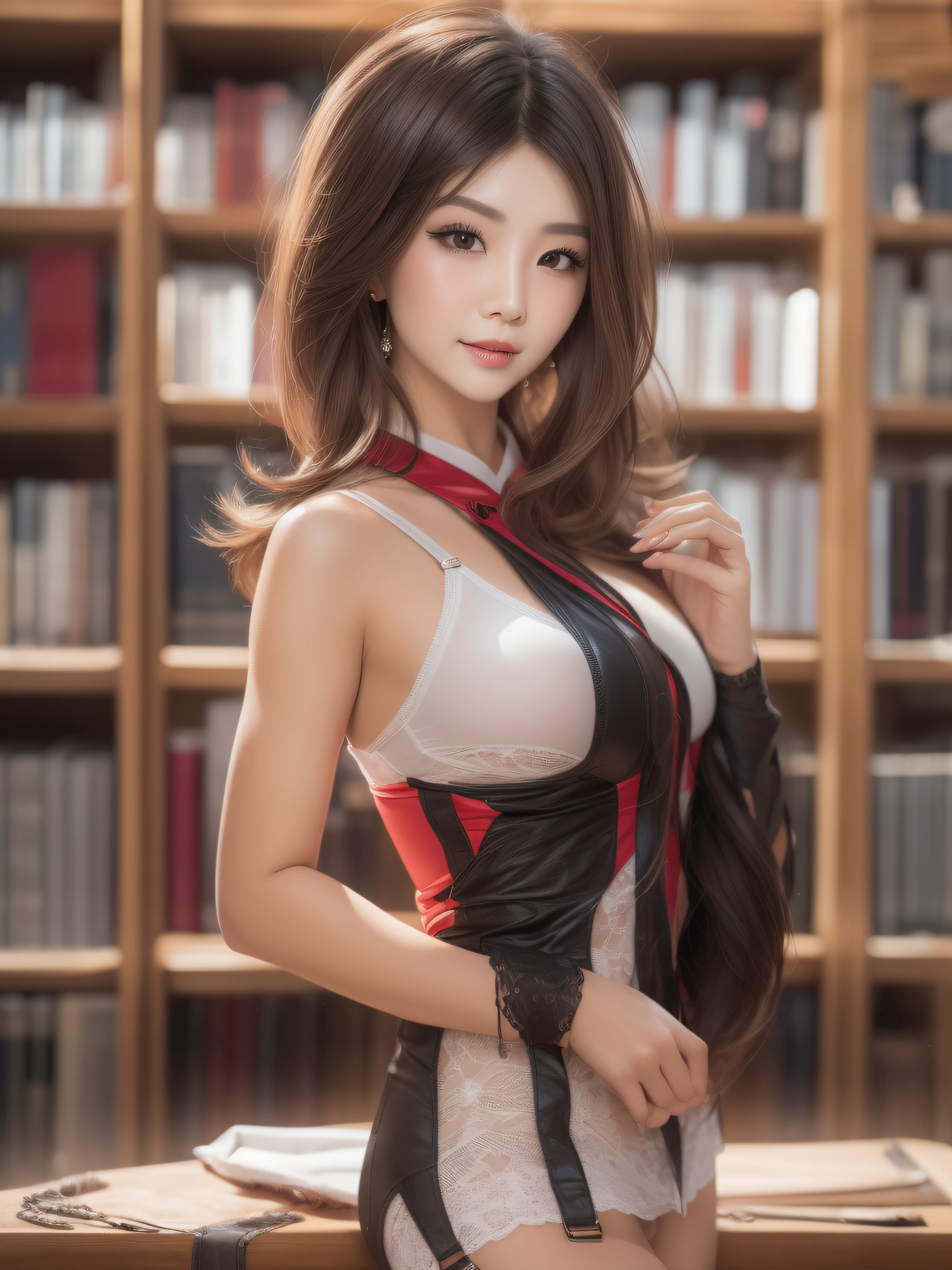 full-body portraits, photograph realistic, A beautiful Chinese woman, Adult video actress, In a library full of people, The whole body is soaked with sweat, slim toned body, Height 1.6m, perfect female shape, 34C breasts, Naked of breast, Slim waistline, Elongated legs, 28-inch hips, Wheat-colored skin, Full forehead, Slender eyebrows, Wear red and black erotic underwear, Suspender stockings, Wear platform stiletto heels, tempting pose, streaked hair, colored inner hair, brown hair, bangs, messy hair, short hair, straight hair, hair slicked back, jewelry, longeyelashes, earrings, makeup, nervous smile, red lips, cinematic lighting, three sided view, high detail, masterpiece, ccurate, textured skin, super detail, best quality, 8k