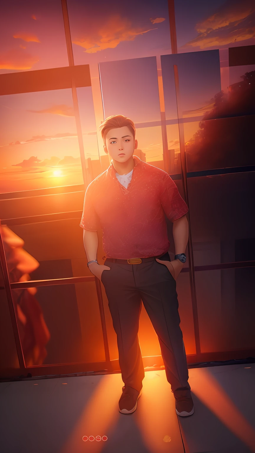 Best image quality, masterpiece level, super detailed background, anime style, outdoor scene, sunset view, beautiful sky, breeze gentle, grand atmosphere, focus aiming, close-up mode, side angle, depth of field effect, bokeh feeling, young man screening