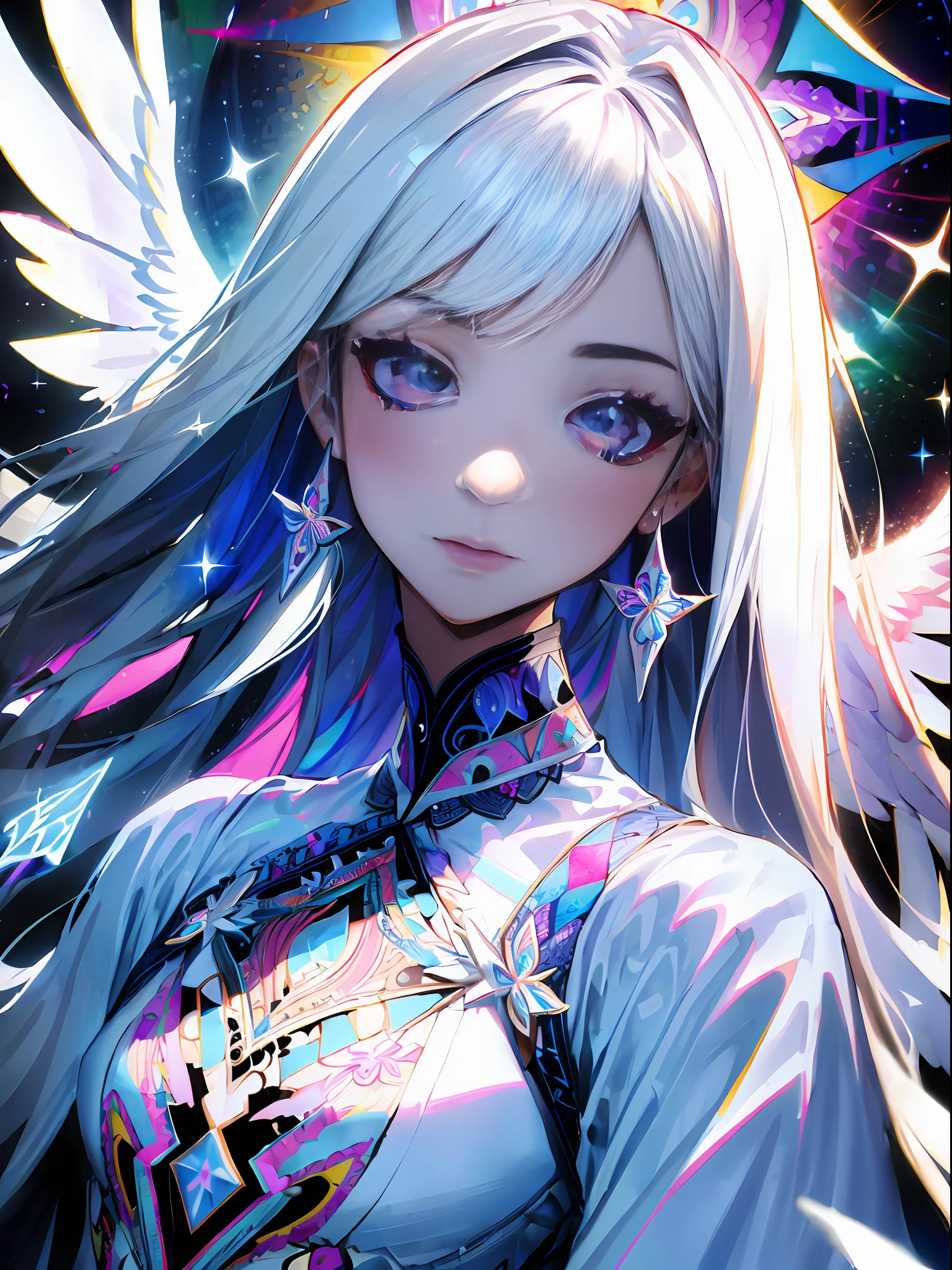 (Maximalism:1.5),(absurdres:1.5), (highres), (best quality:1.1), (ultra-detailed:1.1), (an extremely delicate and beautiful), 1 girl, beautiful face, (detailed face), best quality, (light effects:1.5),portfolio, angel、Crystal clear white hair、Longhaire、flat breast、White Gothic dress、Wings of an angel on the back、White sky、high-level image quality、glitter、(Zentangle:1.5), (kaleidoscope:1.2)