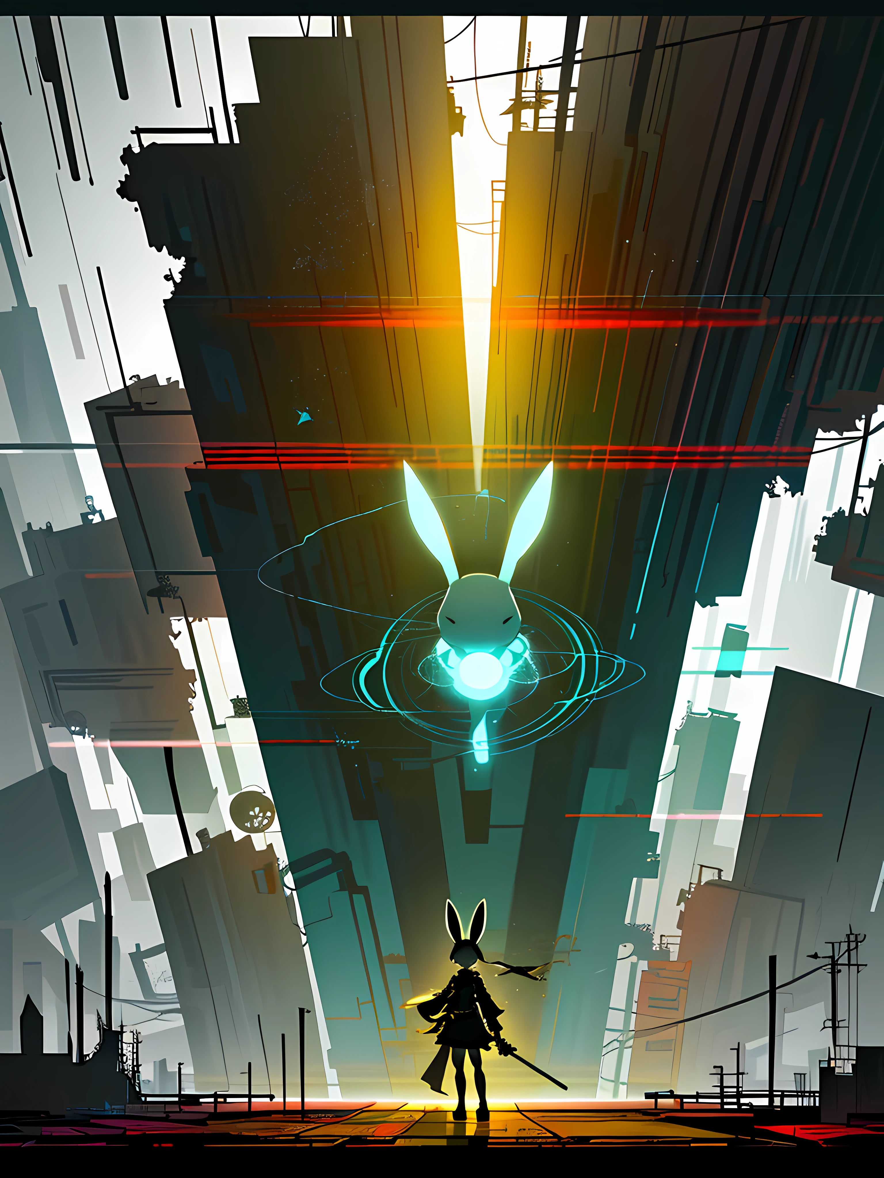 (blame! style abandoned tech landscape), (Zen, Amy Sol style), (underground, dark, foggy, perilous, abandoned dystopian apartment bedroom, deep windows), (abstract anthro rabbit figure wearing bunny ears), cover art with light abstraction, abstract, simple vector art, contemporary Cybernetic art, color gradients, soft color palettes, layered forms, whimsical animation, style Ethereal abstract, 4K, --v6