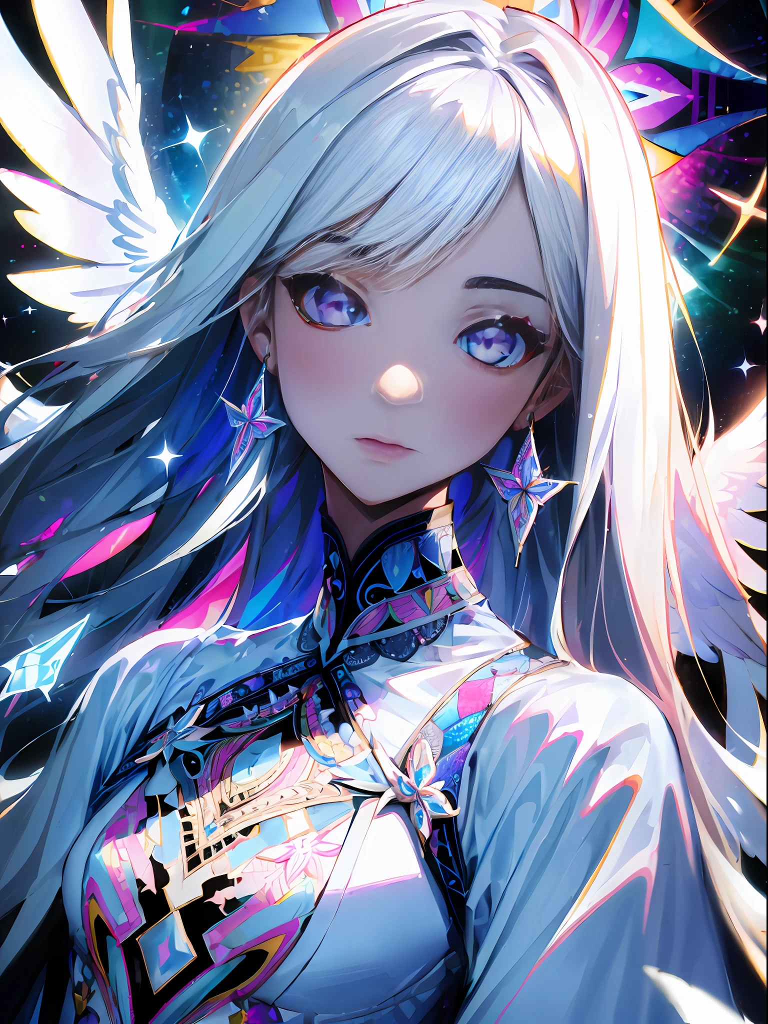 (Maximalism:1.5),(absurdres:1.5), (highres), (best quality:1.1), (ultra-detailed:1.1), (an extremely delicate and beautiful), 1 girl, beautiful face, (detailed face), best quality, (light effects:1.5),portfolio, angel、Crystal clear white hair、Longhaire、flat breast、White Gothic dress、Wings of an angel on the back、White sky、high-level image quality、glitter、(Zentangle:1.5), (kaleidoscope:1.2)