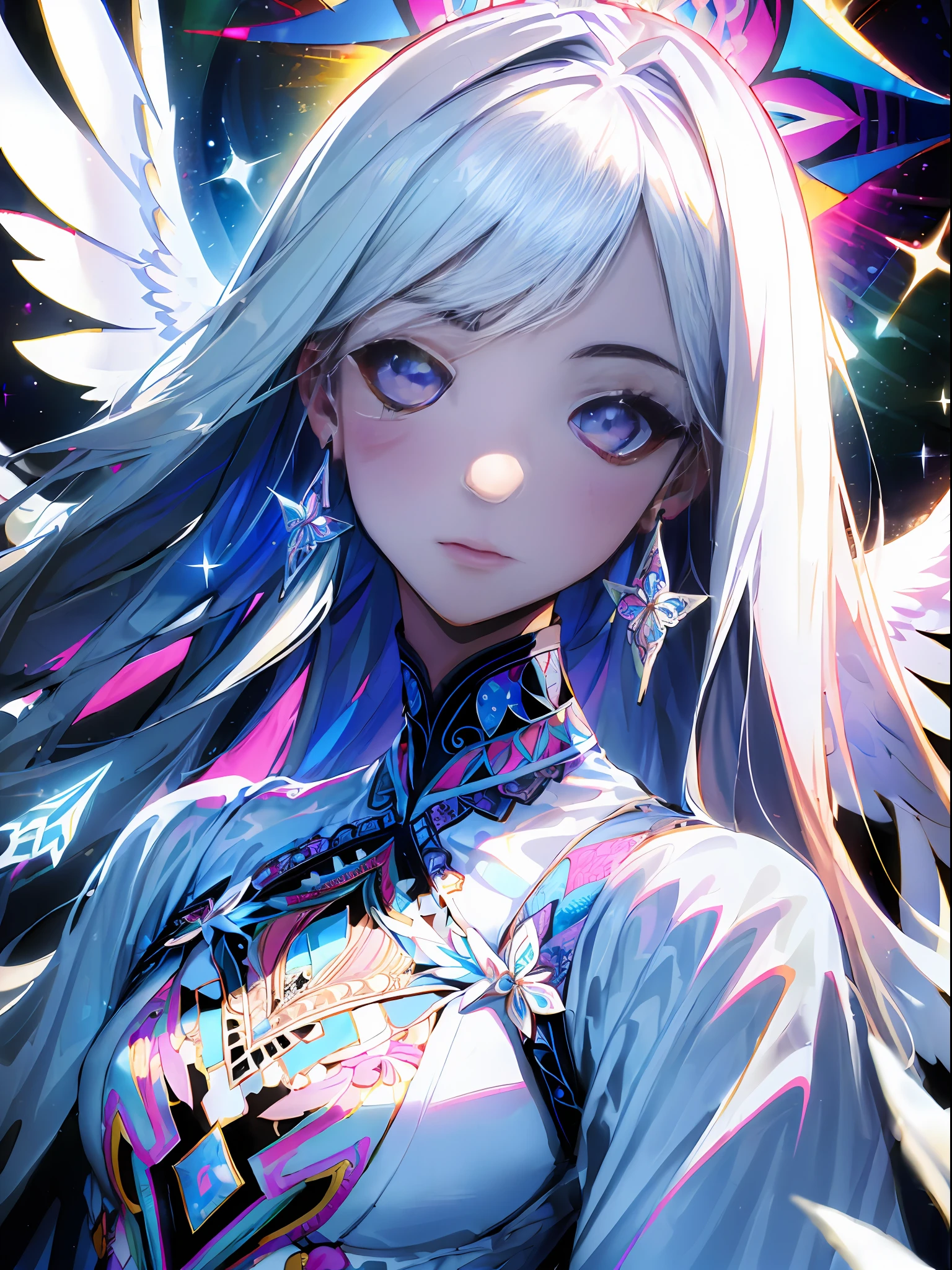(Maximalism:1.5),(absurdres:1.5), (highres), (best quality:1.1), (ultra-detailed:1.1), (an extremely delicate and beautiful), 1 girl, beautiful face, (detailed face), best quality, (light effects:1.5),portfolio, angel、Crystal clear white hair、Longhaire、flat breast、White Gothic dress、Wings of an angel on the back、White sky、high-level image quality、glitter、(Zentangle:1.5), (kaleidoscope:1.2)