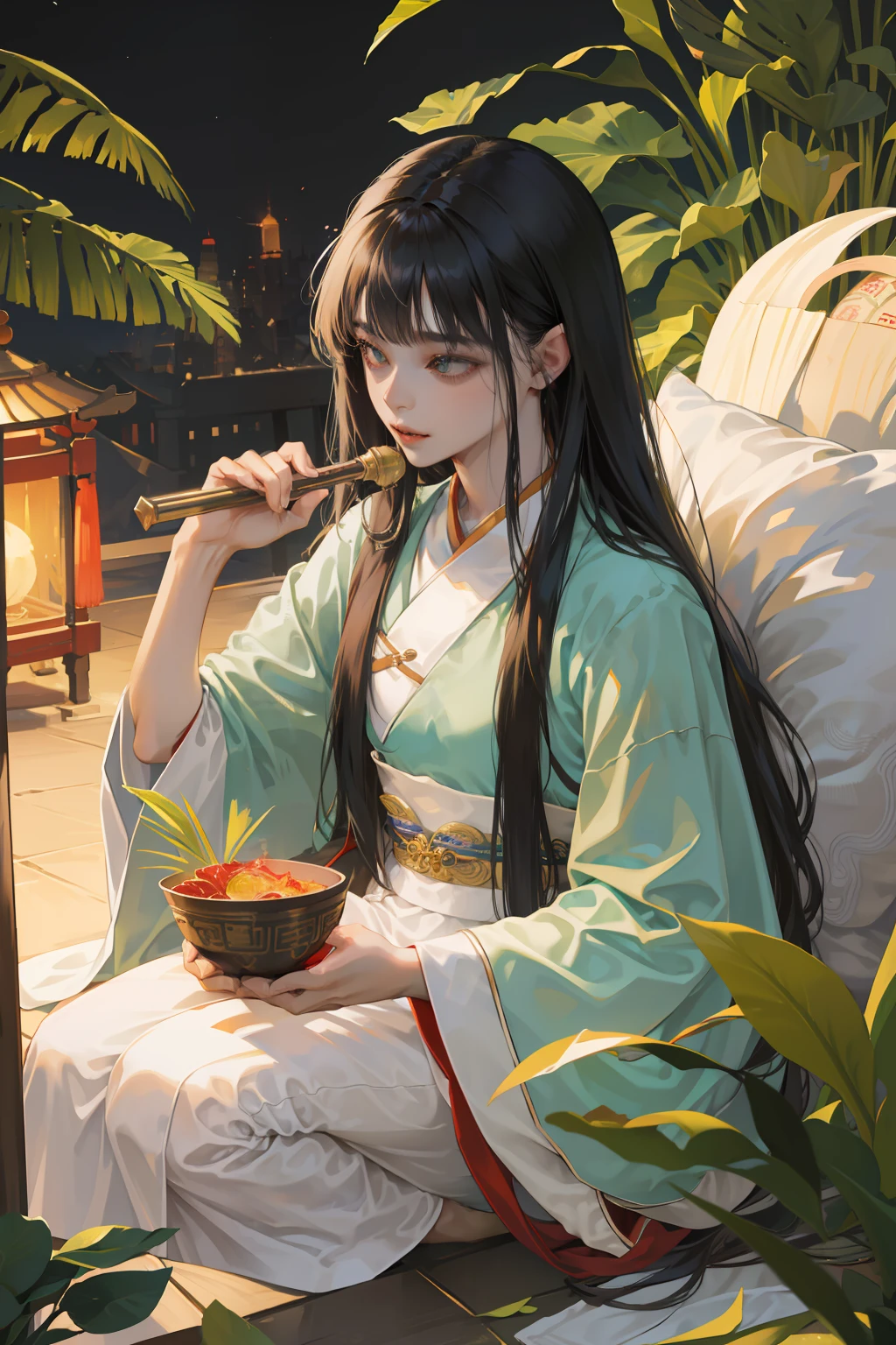 （best qualtiy）A teenager with long black hair，Danfeng Eyes，Green pupils，Play the flute，Wearing white Hanfu，Dashing and wanton，Chinese ink，Hyper-detailing，First perspective，Epic，Close-up Shot Shot