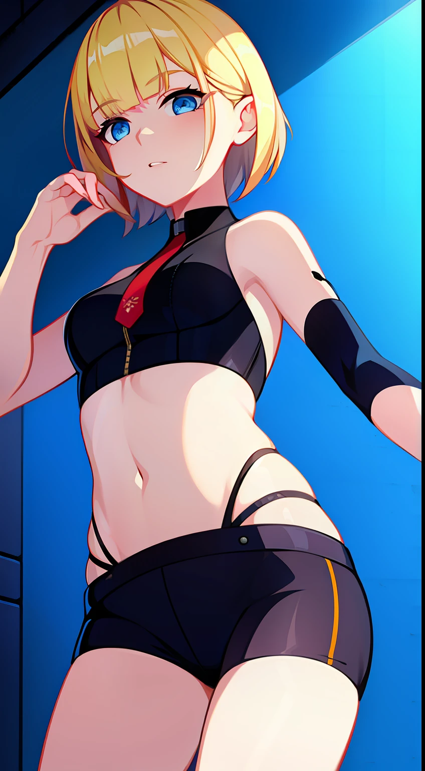 young girl, short blonde hair, blue eyes, Special Agent's Clothing, open belly, Sleeveless, handgun, Masterpiece, hiquality