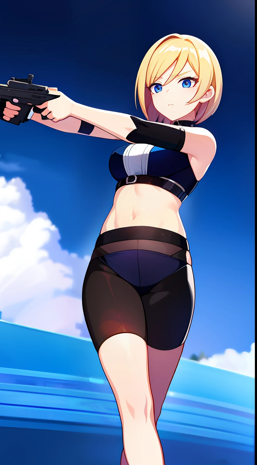 young girl, short blonde hair, blue eyes, Special Agent's Clothing, open belly, Sleeveless, handgun, Masterpiece, hiquality
