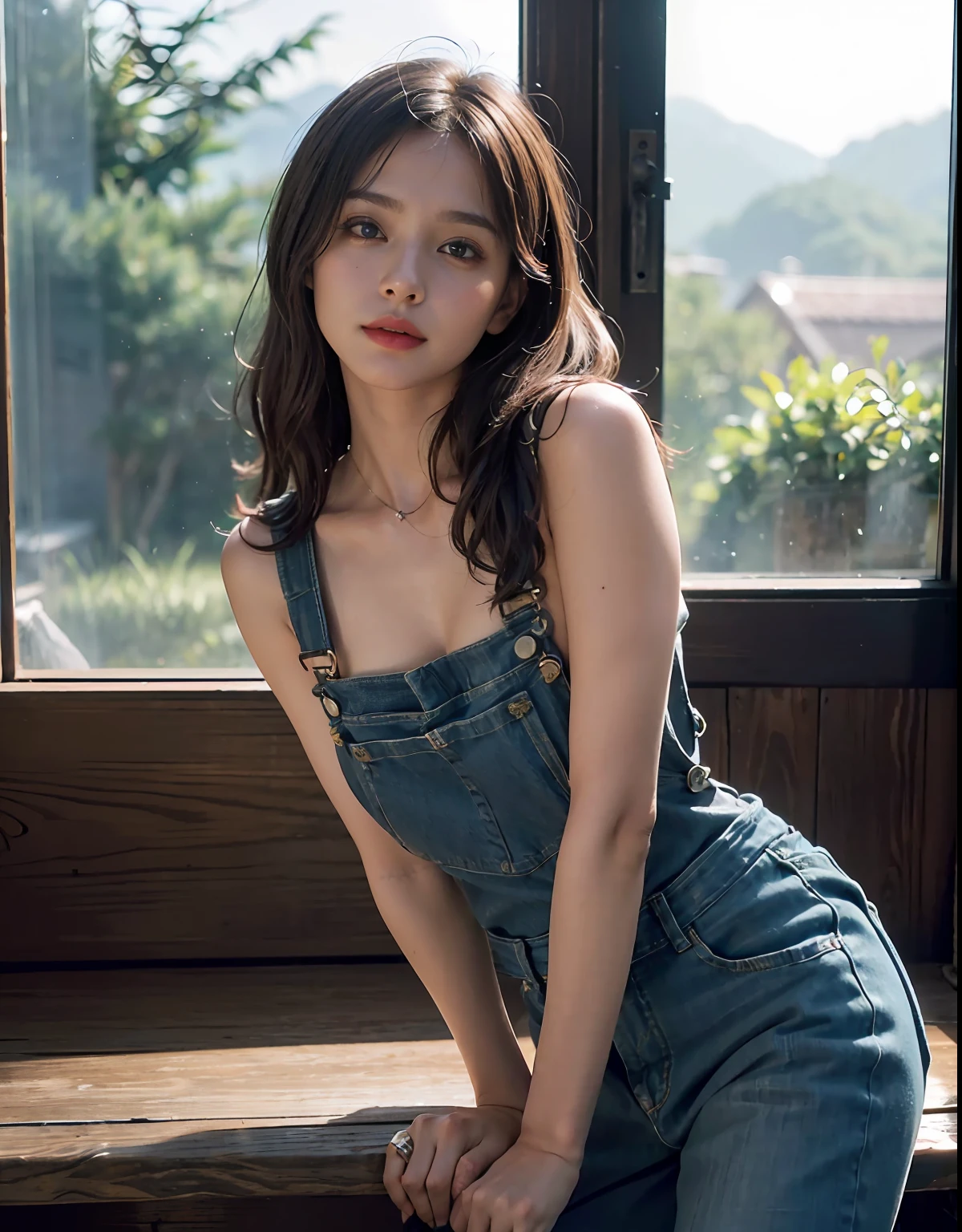 1girl in, A smile, (((tiny chest))), (((Bokeh))),depth of fields, cute  face, Gaze towards the viewer, ​masterpiece, model shoot tyle, cleavage of the breast, Full body portrait, sexy  pose, ((8K 、RAW Photos、top-quality、​masterpiece)、High Detail RAW Color Photo Professional Photo、(realisitic、Photorealism:1.37)、(top-quality)、(Best Shadows)、(The best illustrations)、超A high resolution、8K wallpapers unified with highly detailed CG、physically-based renderingt、Cinematic lighting)、overall、I don't wear anything under my overalls、Wear only overalls