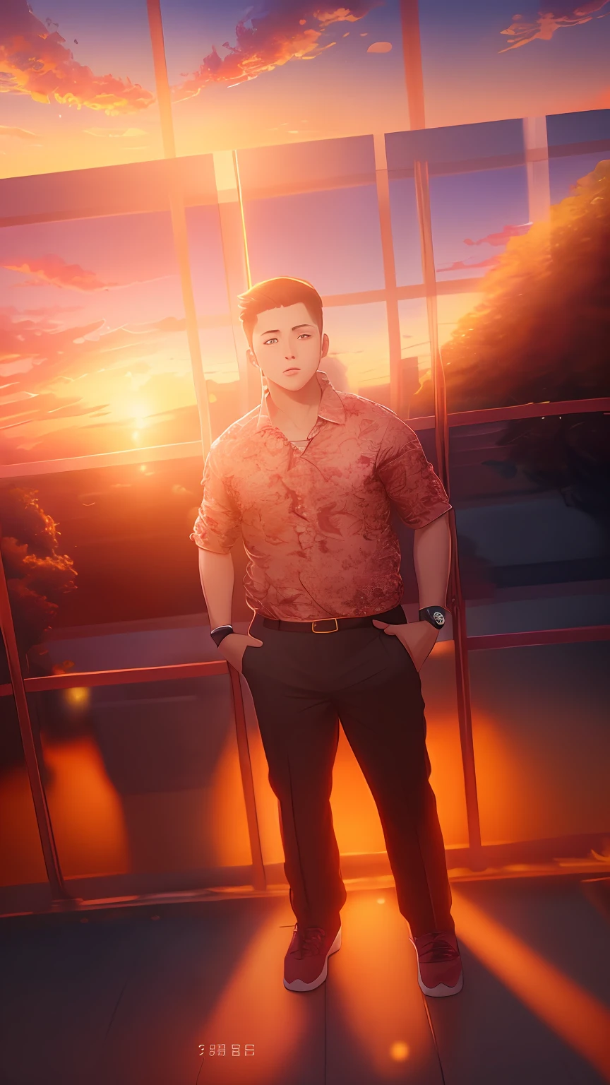 Best image quality, masterpiece level, super detailed background, anime style, outdoor scene, sunset view, beautiful sky, breeze gentle, grand atmosphere, focus aiming, close-up mode, side angle, depth of field effect, bokeh feeling, young man screening