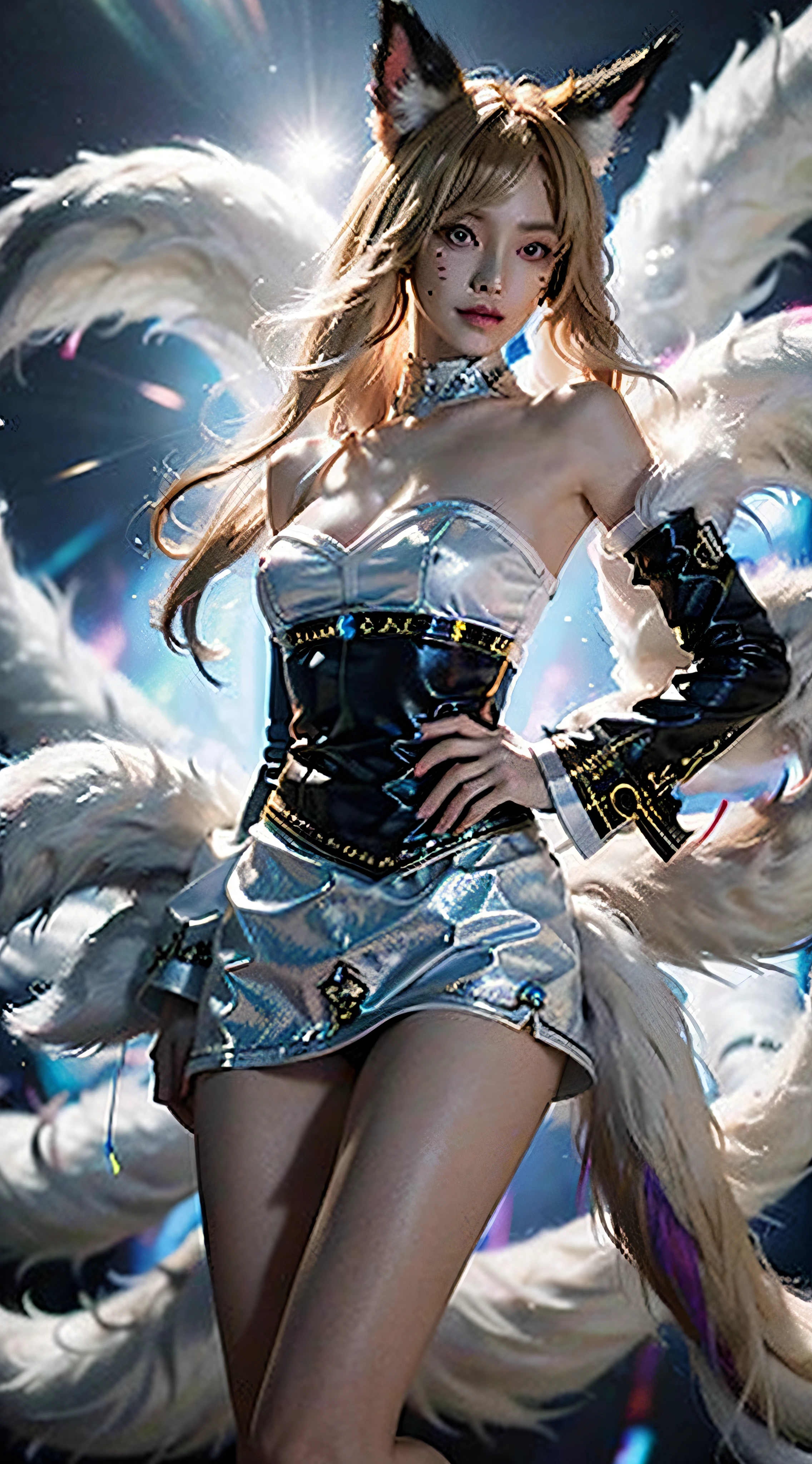 Super Resolution, (Realism: 1.3), 1 (Slim: 1.2) Girl, Solo, Looking at the Audience, League of Legends, Fox, KDA Fox, Blonde Hair, Fox Ears, Fox Tail, Blue Short Skirt, White Skirt, Laser Sense, Super Perfect Face, Perfect Eyes, Good Looking Face, Crystal Tail, Lots of Tails, Perfect Eyes