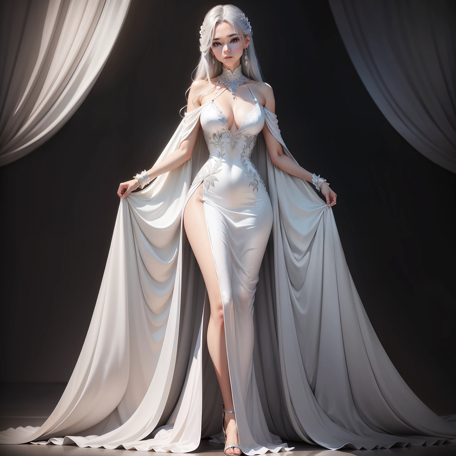 Women's front collarbone silver hair evening dress full body long legs 4K