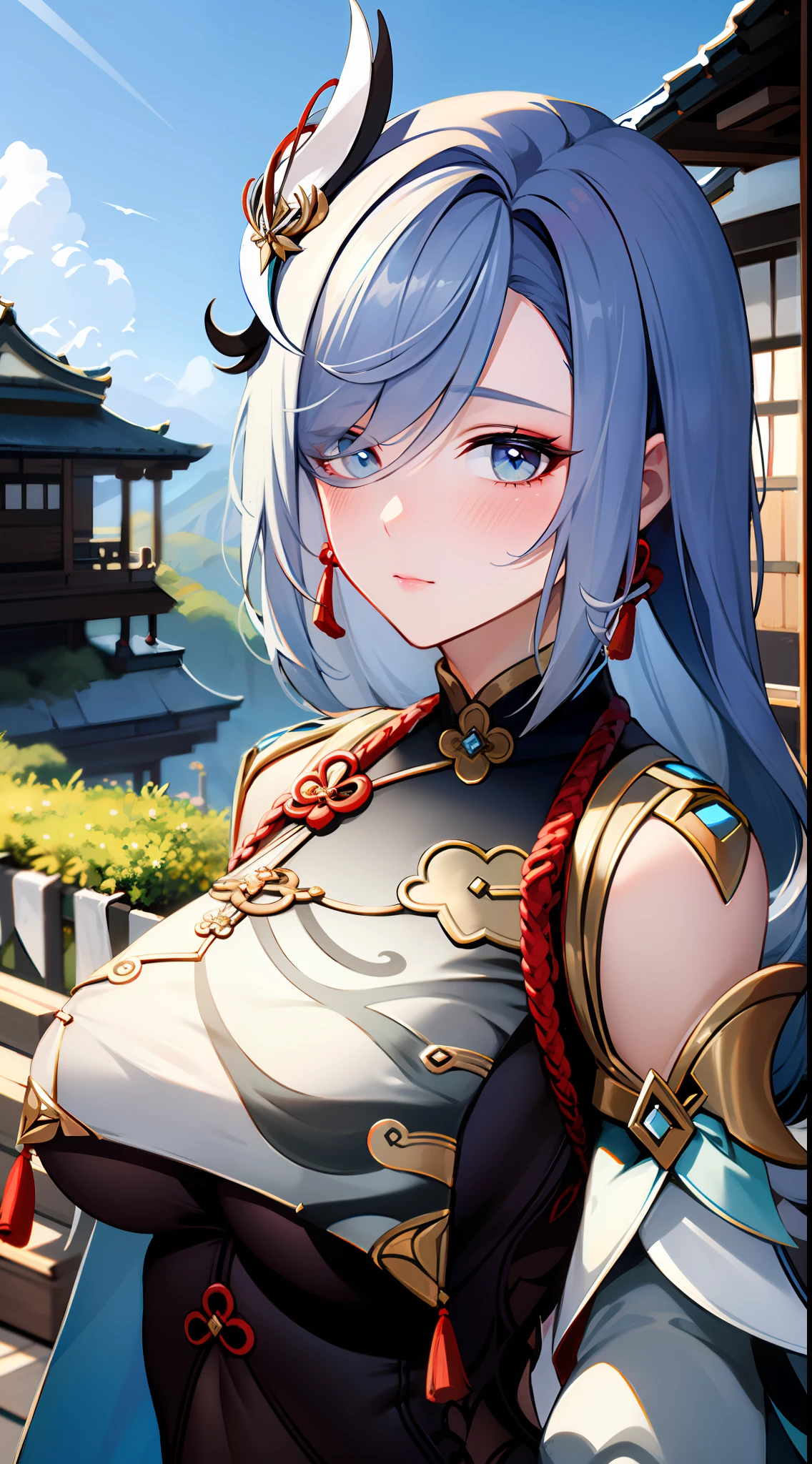 shenhedef, upper body, no expression, blush, outdoors, day, liyue house background, blue sky, short hair, sky, temple, looking at viewer, stairs, mountain, moody lighting,