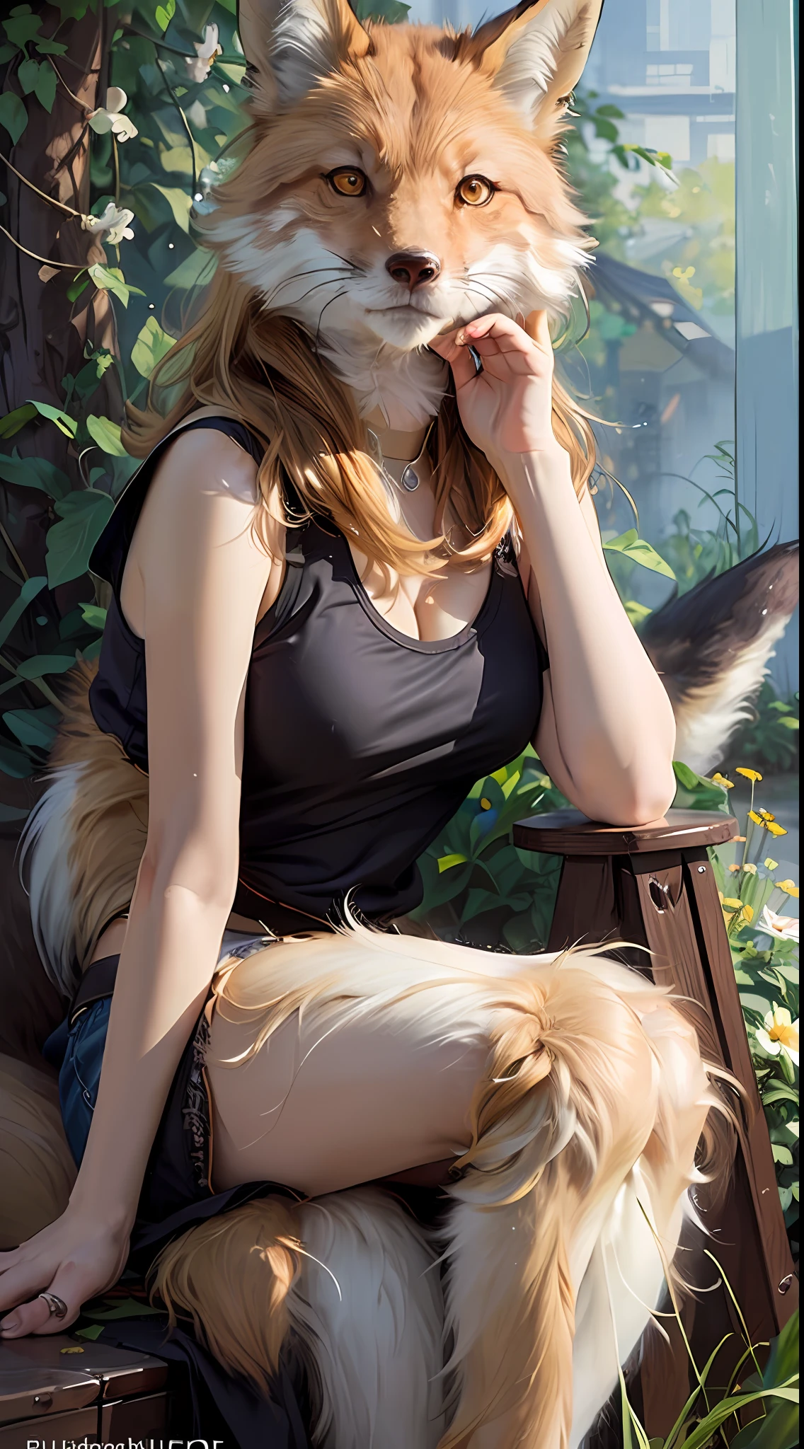 solo, full body, clothed, tank top, detailed fluffy fur, (by ruaidri, Michael & Inessa Garmash, Ruan Jia, Pino Daeni), impasto impressionism, detailed face, (fluffy) (fox hair), detailed face, detailed eyes, smile, lovely, (solo), red fox