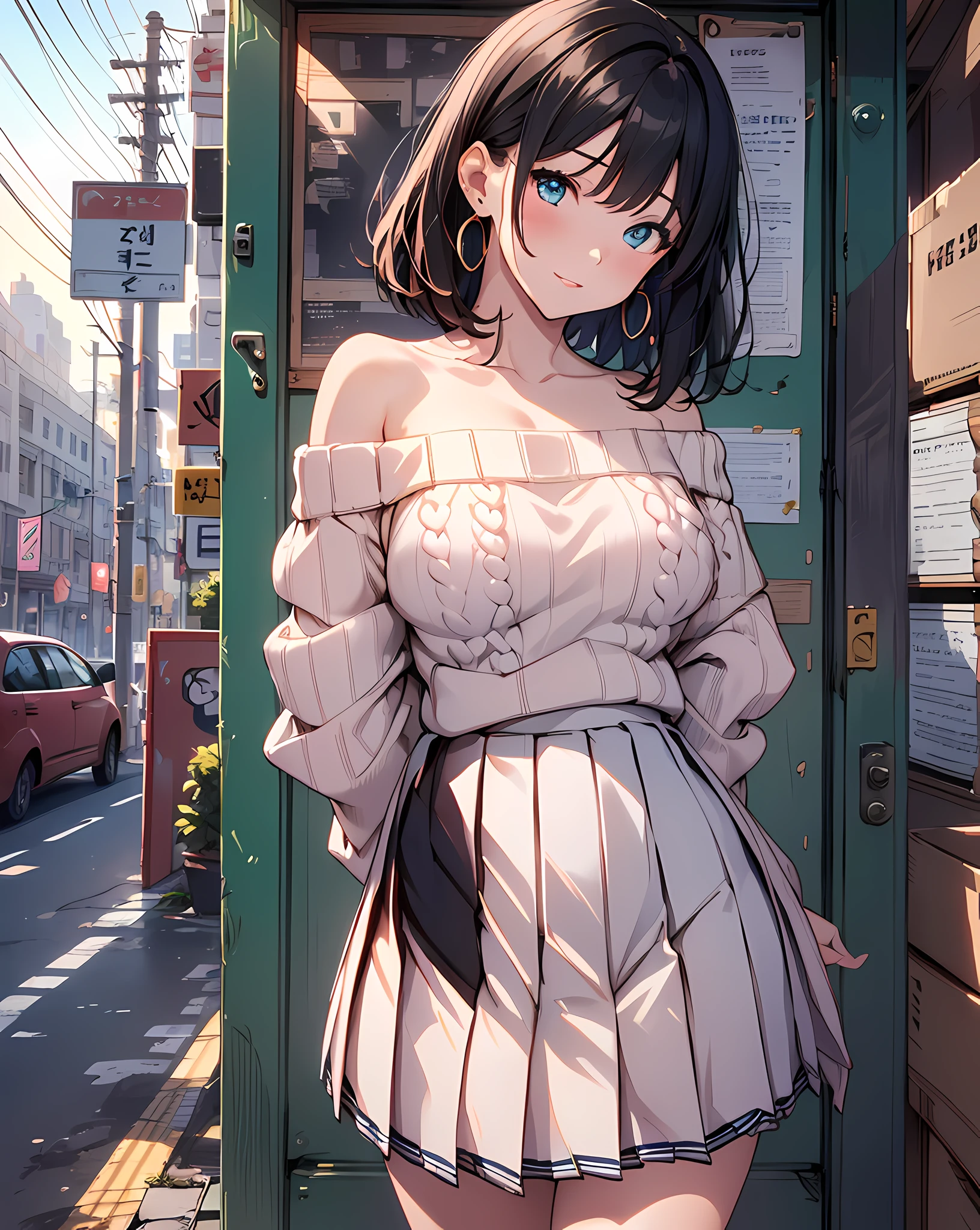 (masterpiece, best quality:1.37), highres, ultra-detailed, ultra-sharp, BREAK, Korean school idol, (((1girl:1.37, solo))), (beautiful anime face, cute face, detailed face), (black hair, thin hair, short hair, bangs, hime-cut), detailed beautiful cyan eyes, BREAK, ((detailed off-shoulder summer sweater:1.5), (detailed box-pleats short-skirt:1.5)), BREAk, lovely look, water melon earing, detailed clothes), light smile, closed mouth, parted lips, pink lipstick, BREAK, ((standing, leaning forward, arms behind back,:1.3, cowboy shot)), detailed human hands, HDTV:1.2, ((detailed station view background:1.3)), 8 life size, slender, anime style, anime style school girl, perfect anatomy, perfect proportion, inspiration from Kyoto animation and A-1 picture, late evening, excellent lighting, bright colors, clean lines, photorealistic