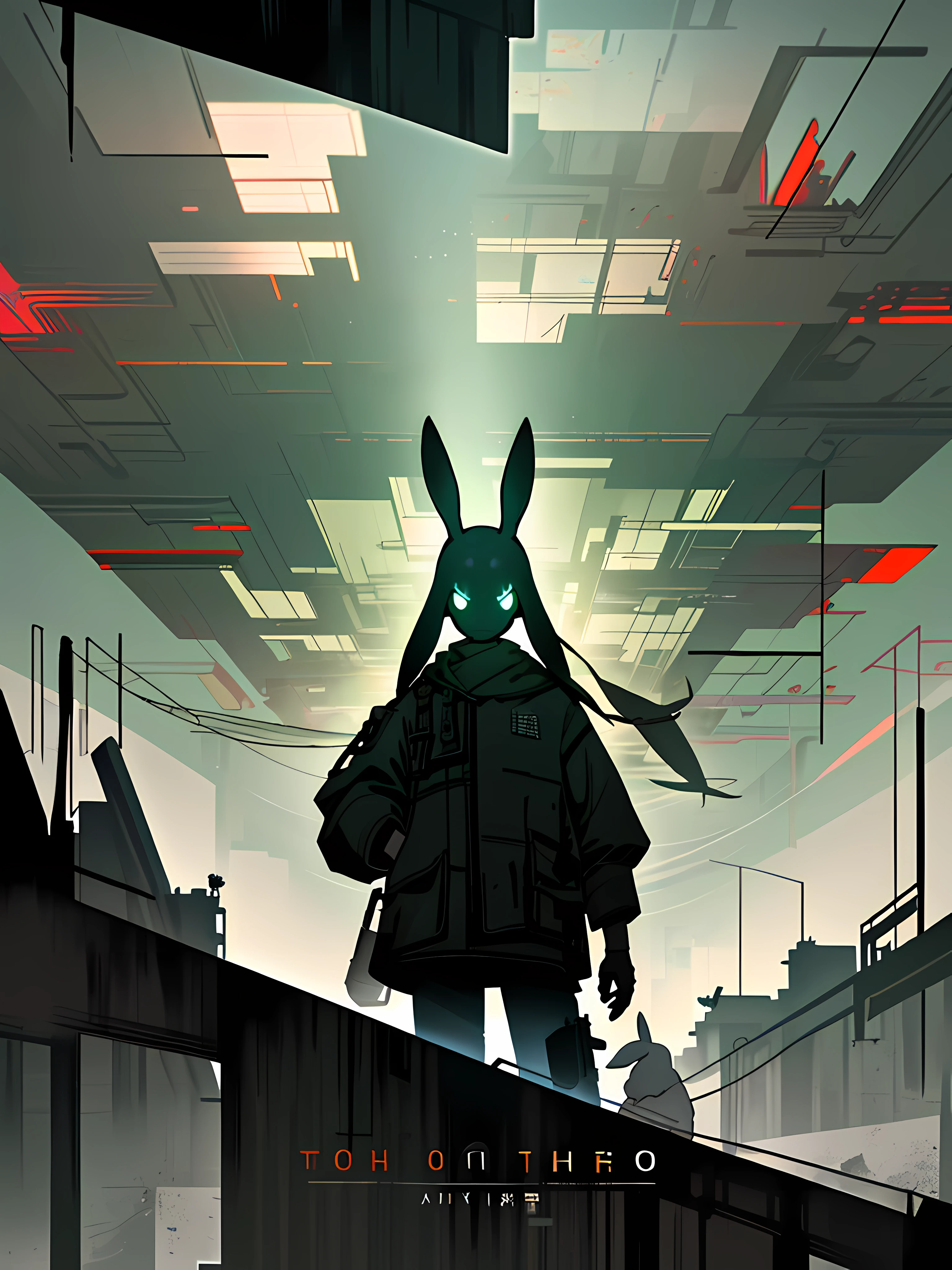 (blame! style abandoned tech landscape), (Zen, Amy Sol style), (underground, dark, foggy, perilous, abandoned dystopian apartment bedroom, deep windows), (abstract anthro rabbit figure wearing bunny ears), cover art with light abstraction, abstract, simple vector art, contemporary Cybernetic art, color gradients, soft color palettes, layered forms, whimsical animation, style Ethereal abstract, 4K, --v6