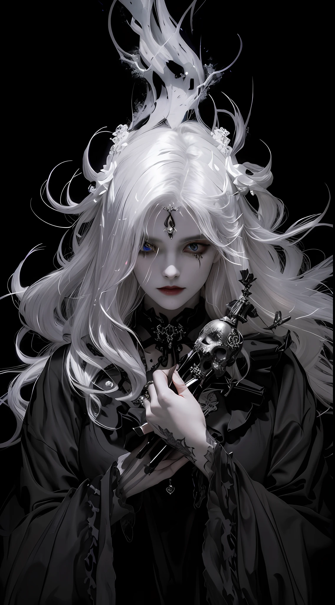 （tmasterpiece，best qualtiy）， 独奏，A white-haired woman holds a candle，anime skull portrait woman,beautiful necromancer girl，beautiful girl necromancer，，Smoky, Flowing white hair，Harsh eyes，paleskin，black eyeshadows，Black blood and tears，Gothic shoujo anime characters，beautiful necromancer，gothic fantasy art，dark fantasy style art, White-haired god,Retrato de um necromante feminino，necromante feminino，goddess of death，dark moody lighting，with light glowing，mistic，magical，edge lit