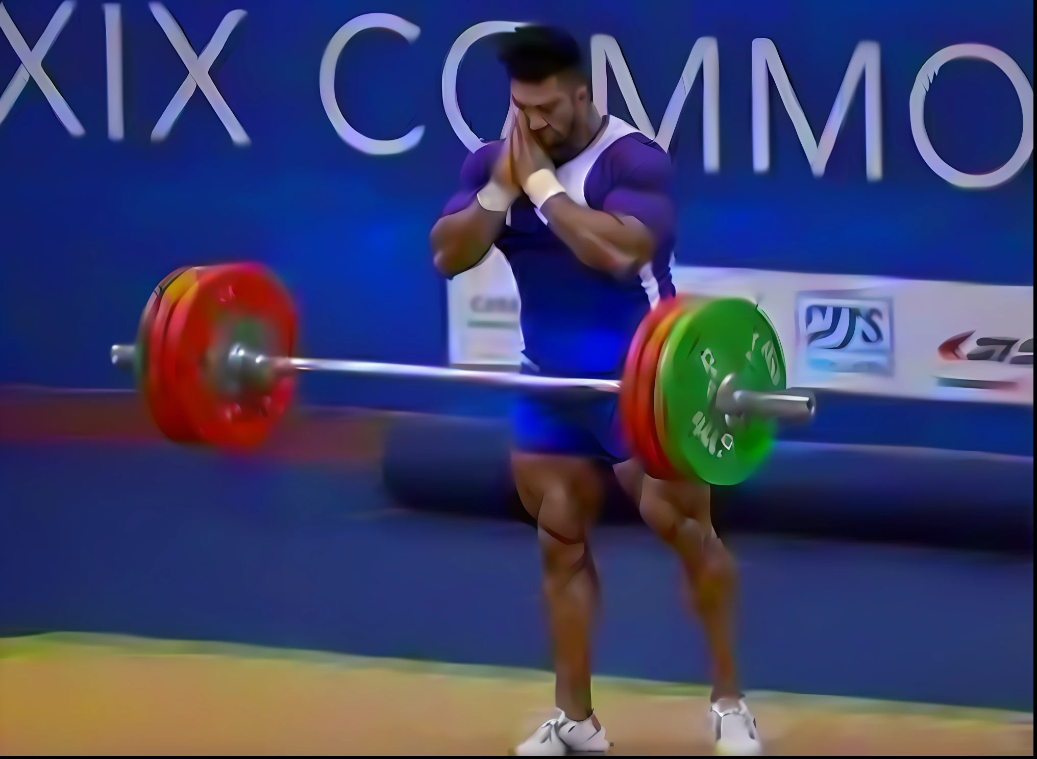 Allard man holding a barbell in a blue shirt and white shorts,Pray with your hands folded Unbelievably strong and tall, chris evans（Chris Evans）As a weightlifter, most strongest pose, Very strong, lifting weights, strongman, impressive winning photo, vladimir nikolov, maxim sukharev, Super strong, thrusters, hiroyuki kato, mohamed chahin, viral photo