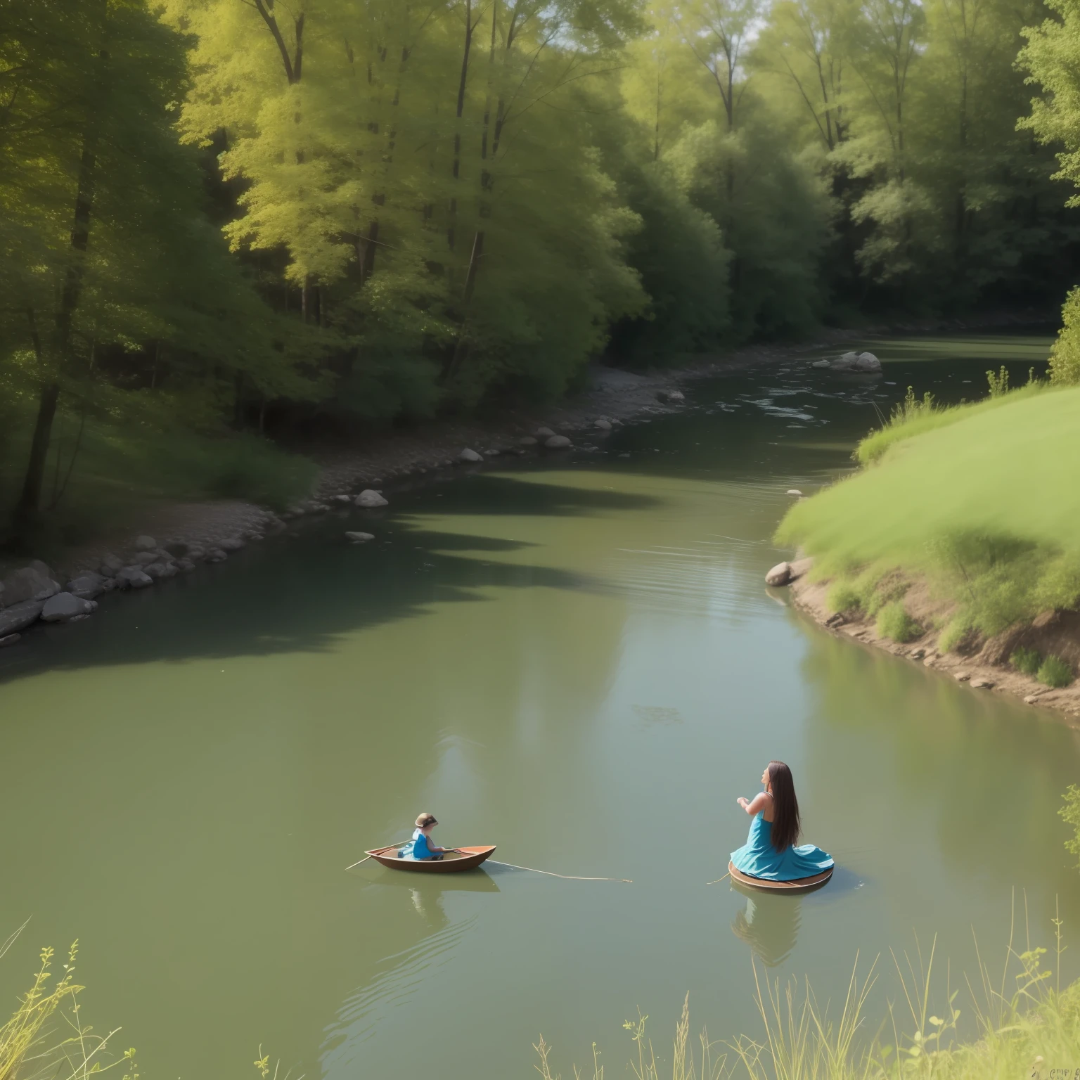 Girl in the River,curves,realisticlying,Sunlight slightly,yarn,green waters