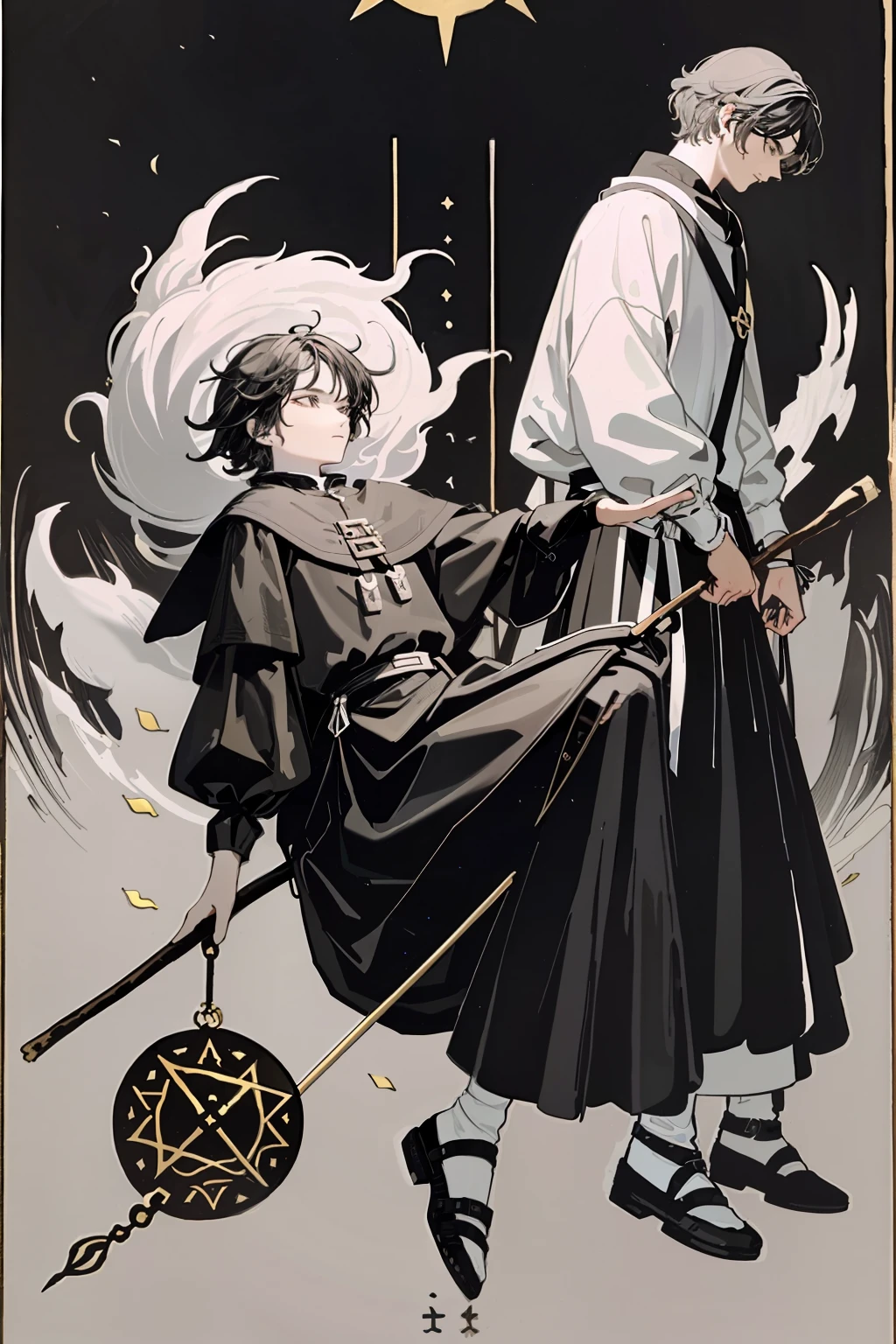 tarot cards,Fools,a person,binding,Sticks and bags,precipice,doggy,The clothes are black and white