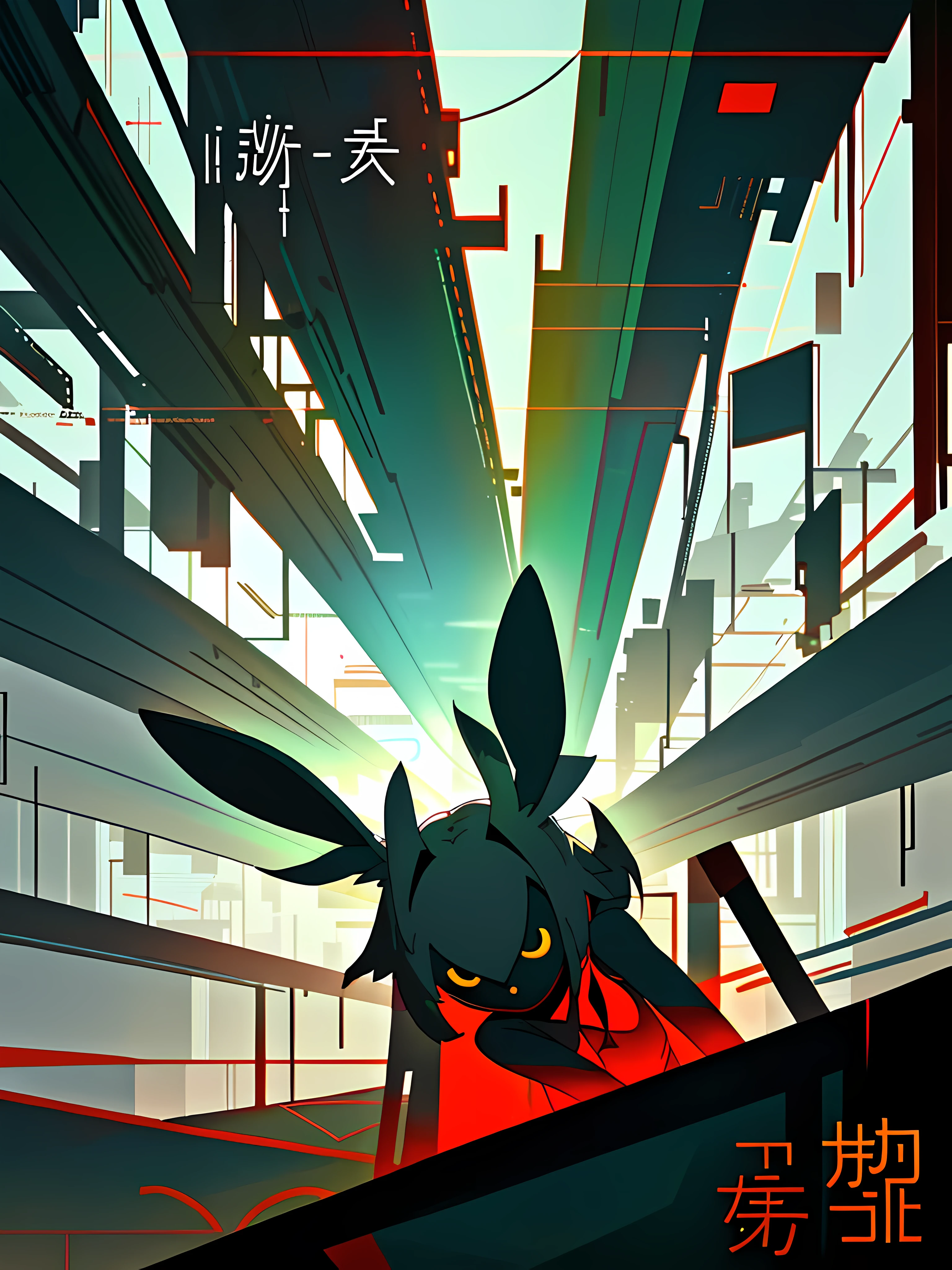 (blame! style abandoned tech landscape), (Zen, Amy Sol style), (underground, dark, foggy, perilous, abandoned dystopian apartment bedroom, deep windows), (abstract anthro rabbit figure wearing bunny ears), cover art with light abstraction, abstract, simple vector art, contemporary Cybernetic art, color gradients, soft color palettes, layered forms, whimsical animation, style Ethereal abstract, 4K, --v6