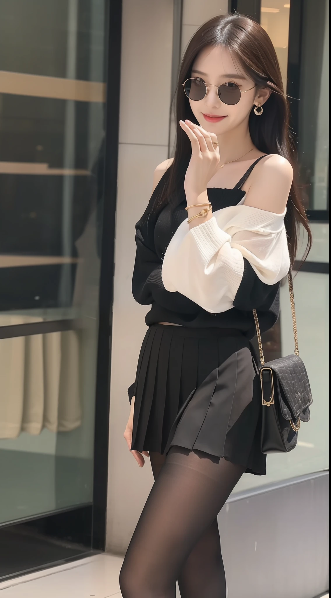 （true to life，Photorealistic 1.5）,((best qualtiy, 8K, tmasterpiece:1.3)),SLR camera (二重まぶた，largeeyes:1.3),（smile1.5），（Full body photo 1.5）（One person 1.5）Clear focus 1.2, Perfect body beauty:1.4 , Delicate skin1.1，（Long black hair 1.5），（Delicate facial features1.4），（Pure desire 1.3）(Black pantyhose 1.5)（The leg length is one meter two，1.5），One-shoulder sweater，a black pleated skirt，Slender legs，high-heels，With earrings，Wristband jade bracelet，Sunglasses on your hair，the city street，