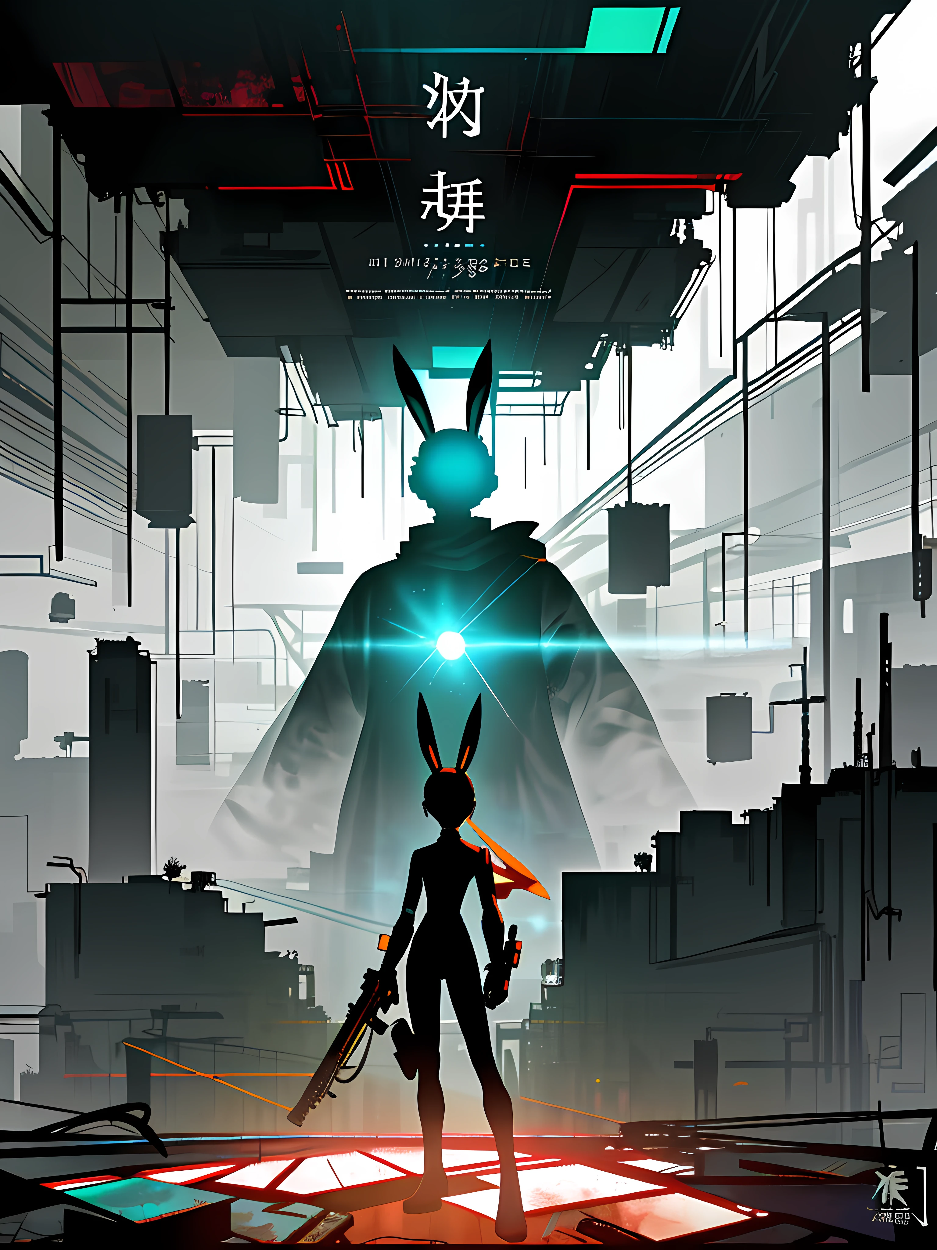 (blame! style abandoned tech landscape), (Zen, Amy Sol style), (underground, dark, foggy, perilous, abandoned dystopian apartment bedroom, deep windows), (abstract anthro rabbit figure wearing bunny ears), cover art with light abstraction, abstract, simple vector art, contemporary Cybernetic art, color gradients, soft color palettes, layered forms, whimsical animation, style Ethereal abstract, 4K, --v6