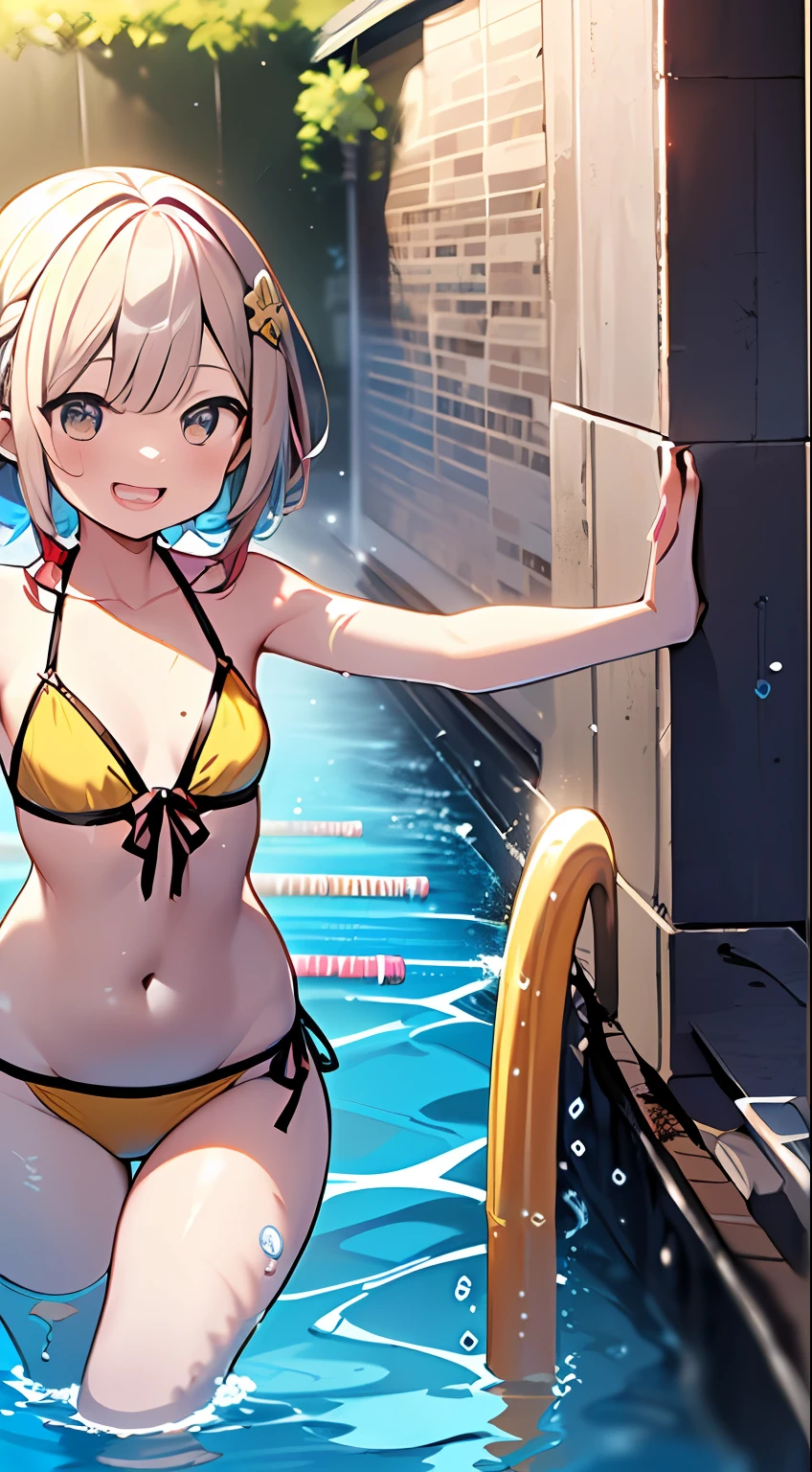 (Incredibly ridiculous absolute resolution:1.5)、hiquality、top-quality、masuter piece、Anime girl in yellow and red bikini, 魅惑的、Anime Loli, 8k Manga Wallpapers, Smile、Shy laughter、((small curvy loli))、pretty anime girl,((swimming pools))、(Medium Shorthair)、(short braided hair)